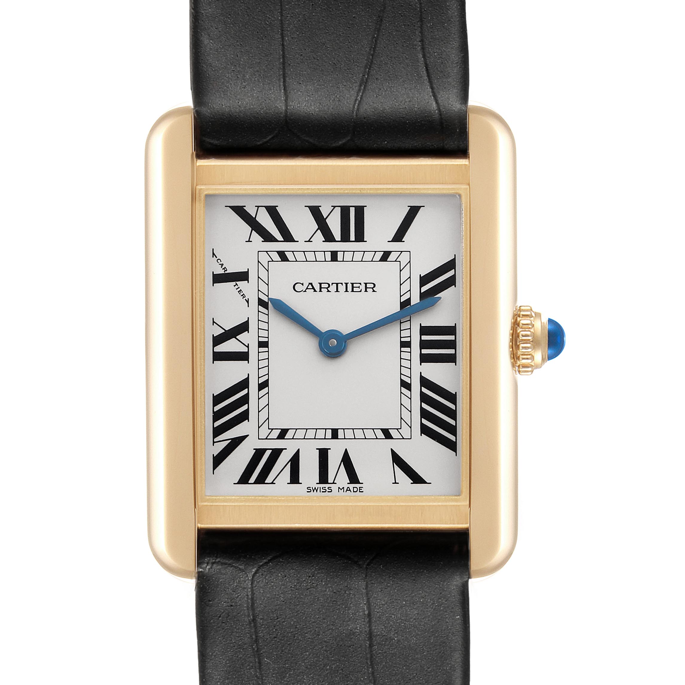 The Cartier Tank Solo W5200002 Women
s Steel and Gold (two tone) Silver Dial W5200002 Women
s Steel and Gold (two tone) Silver Dial watch is shown from the front, displaying its rectangular case, Roman numeral dial, and blue hands.