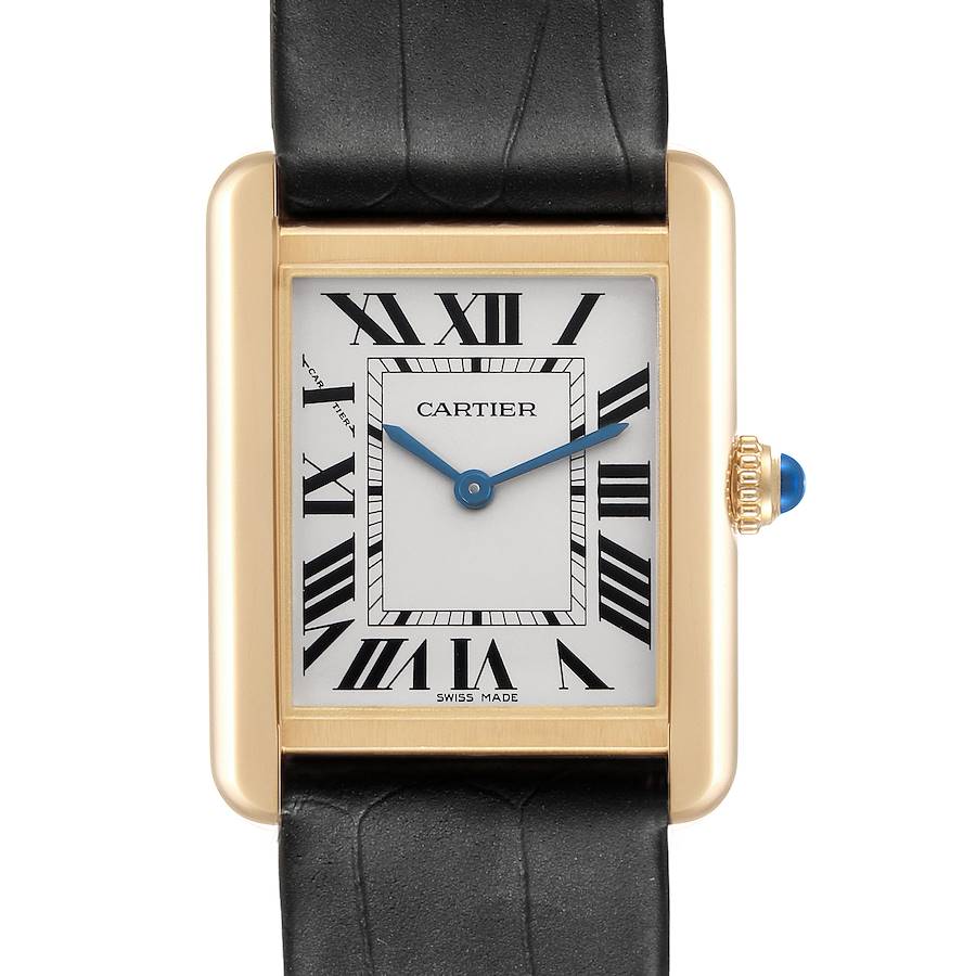 The Cartier Tank Solo watch is shown from the front, displaying its rectangular case, Roman numeral dial, and blue hands.