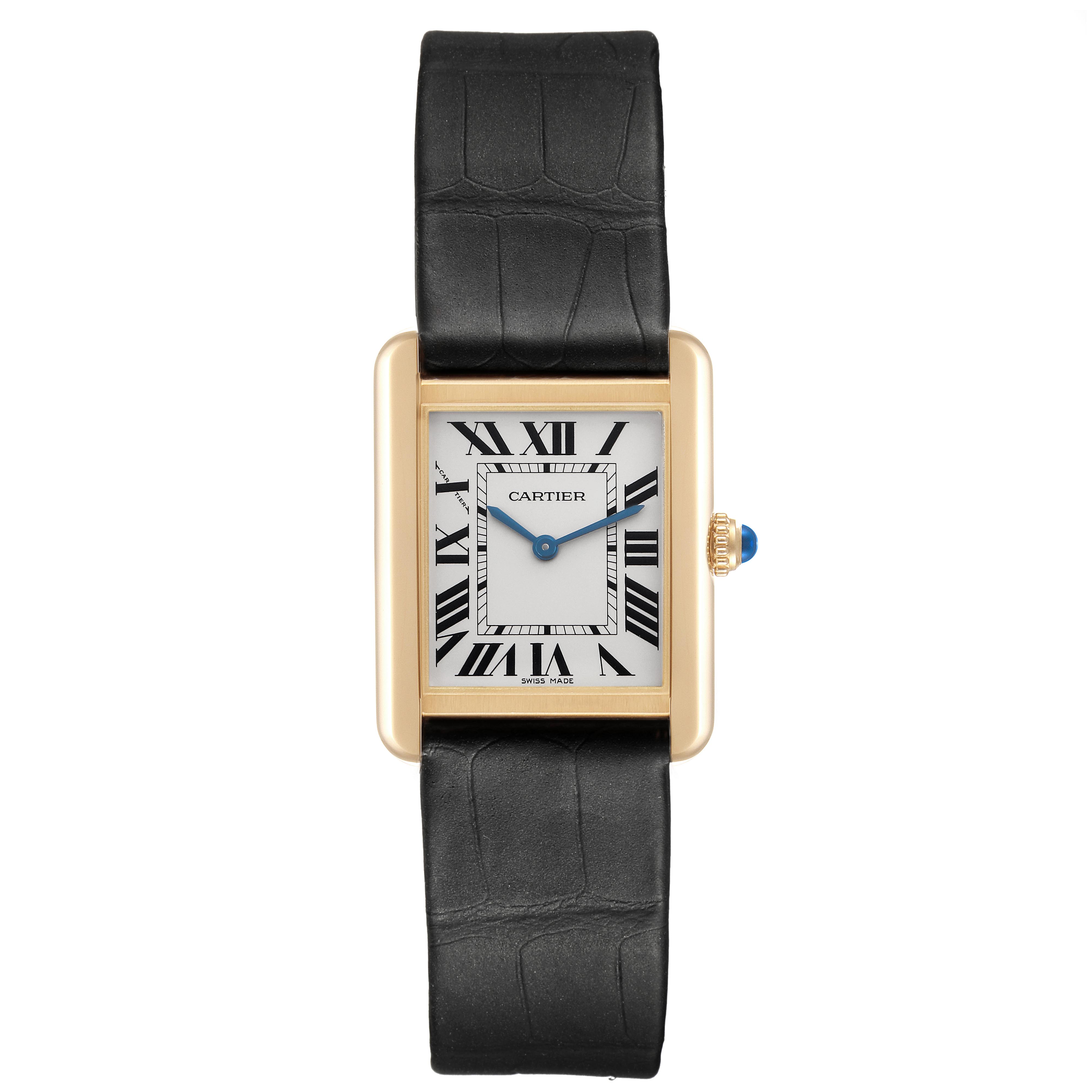 The Cartier Tank Solo W5200002 Women
s Steel and Gold (two tone) Silver Dial W5200002 Women
s Steel and Gold (two tone) Silver Dial watch is shown from the front, displaying its case, dial, Roman numerals, hands, strap, and crown.