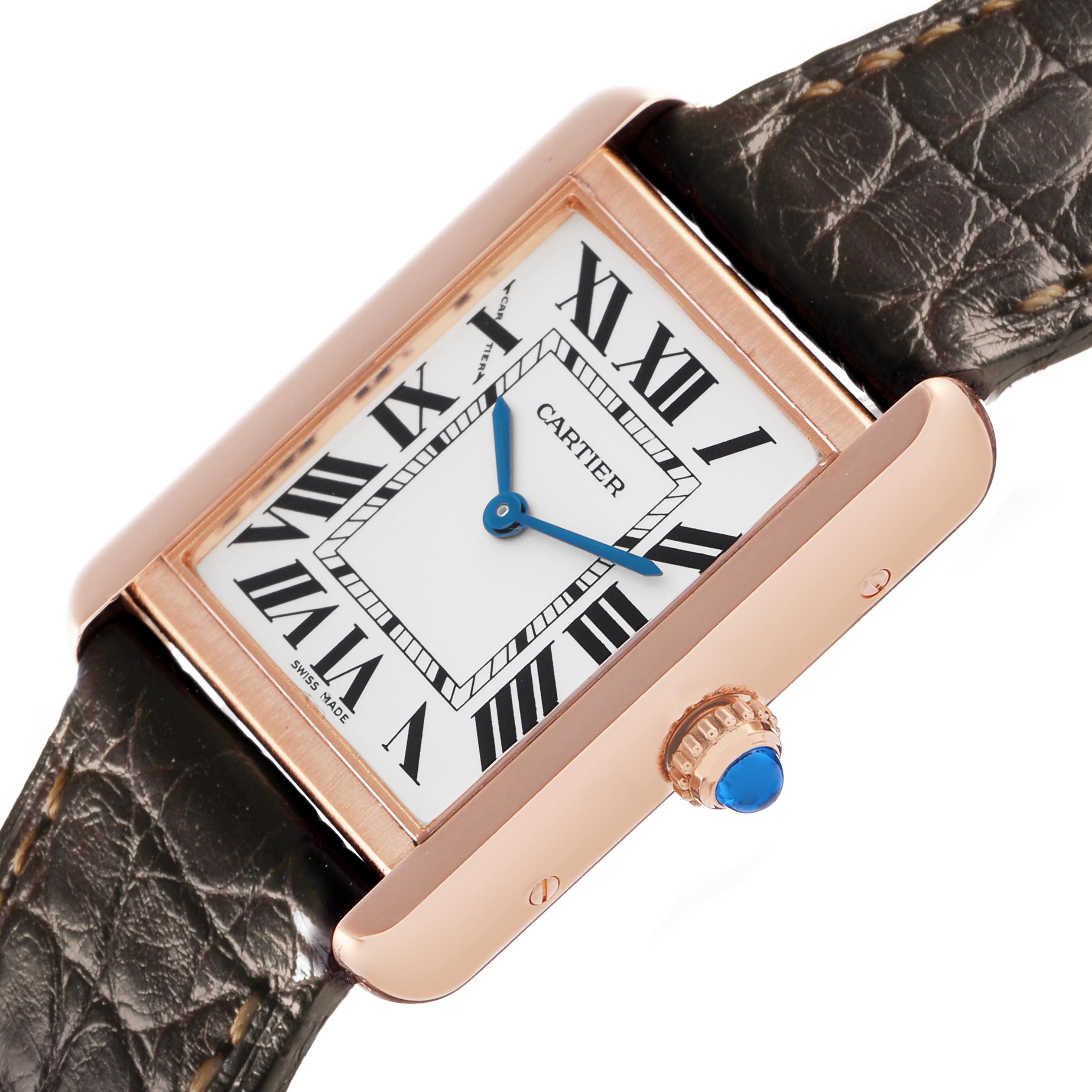 The Cartier Tank Solo W5200002 Women
s Steel and Gold (two tone) Silver Dial W5200002 Women
s Steel and Gold (two tone) Silver Dial watch is shown at a slight angle, highlighting its case, Roman numeral dial, and crown with a blue gemstone.