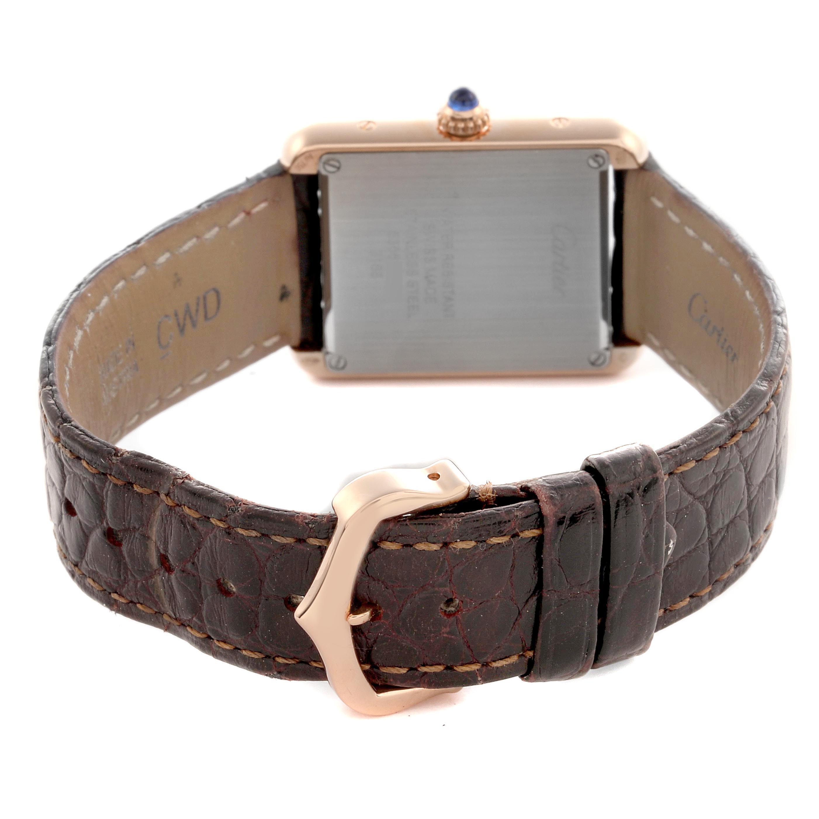 The image shows the back of a Cartier Tank Solo W5200002 Women
s Steel and Gold (two tone) Silver Dial W5200002 Women
s Steel and Gold (two tone) Silver Dial watch, highlighting the case, strap, and buckle.