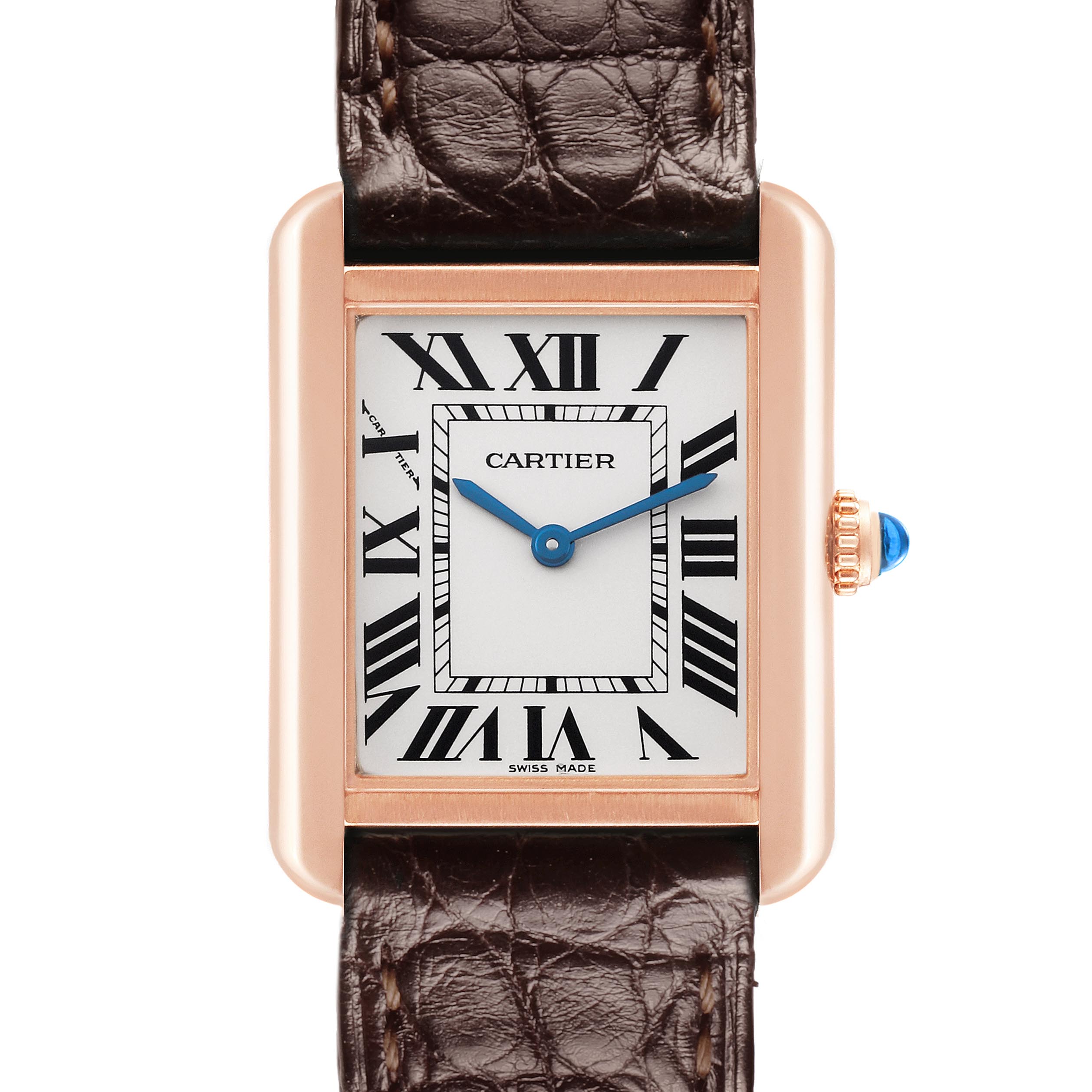 The Cartier Tank Solo W5200002 Women
s Steel and Gold (two tone) Silver Dial W5200002 Women
s Steel and Gold (two tone) Silver Dial watch is shown from the front, highlighting the dial, Roman numerals, hands, and leather strap.