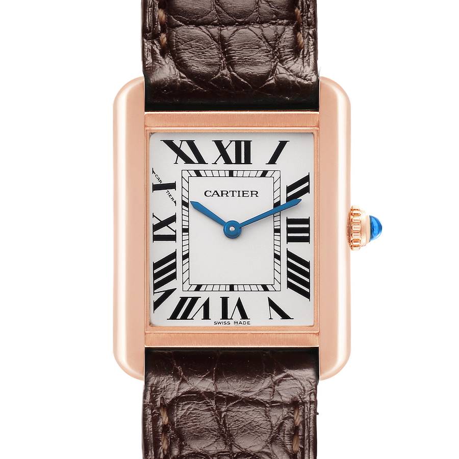 The Cartier Tank Solo watch is shown from the front, highlighting the dial, Roman numerals, hands, and leather strap.