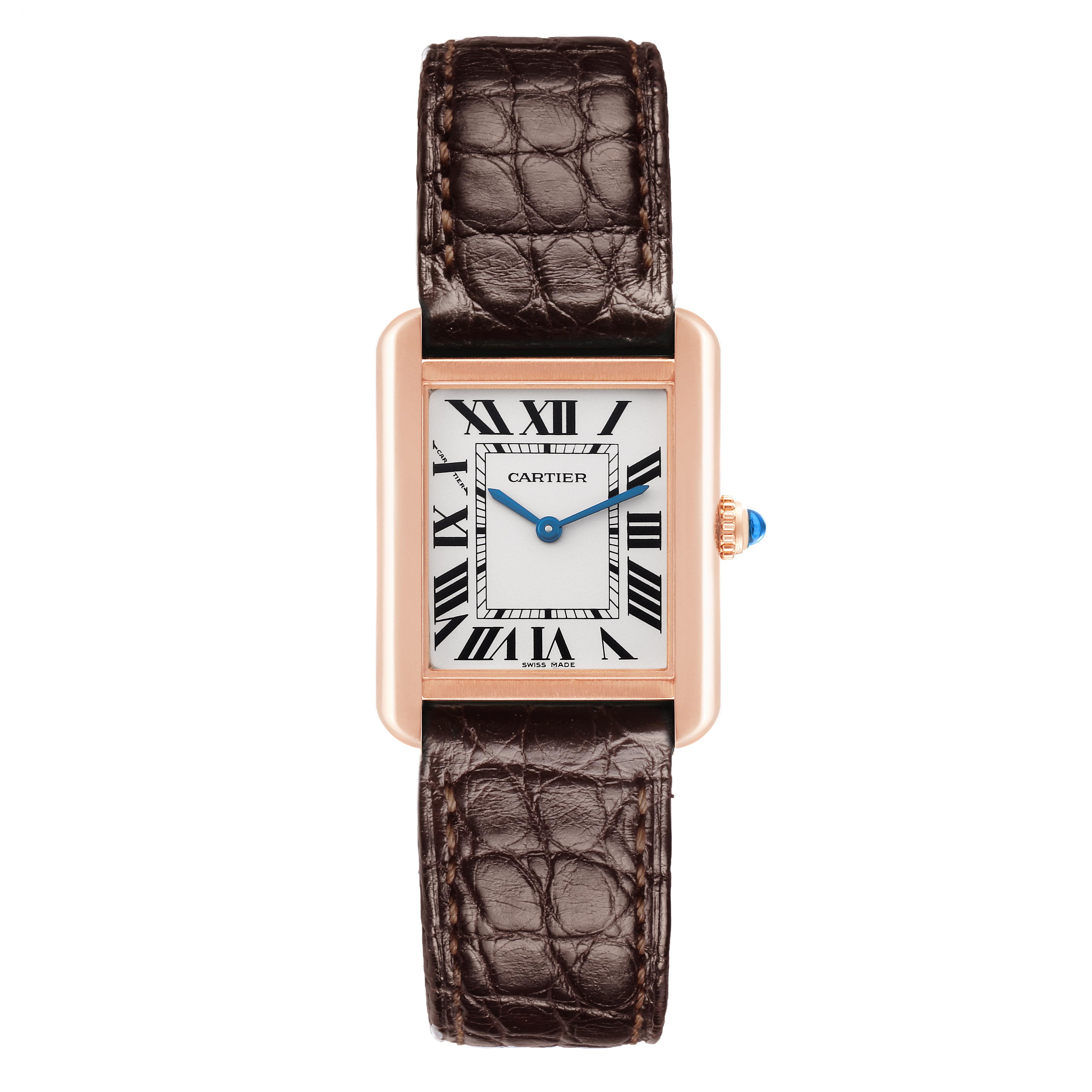 The Cartier Tank Solo W5200002 Women
s Steel and Gold (two tone) Silver Dial W5200002 Women
s Steel and Gold (two tone) Silver Dial watch is shown from a top view, displaying the face, strap, and crown with a blue sapphire.