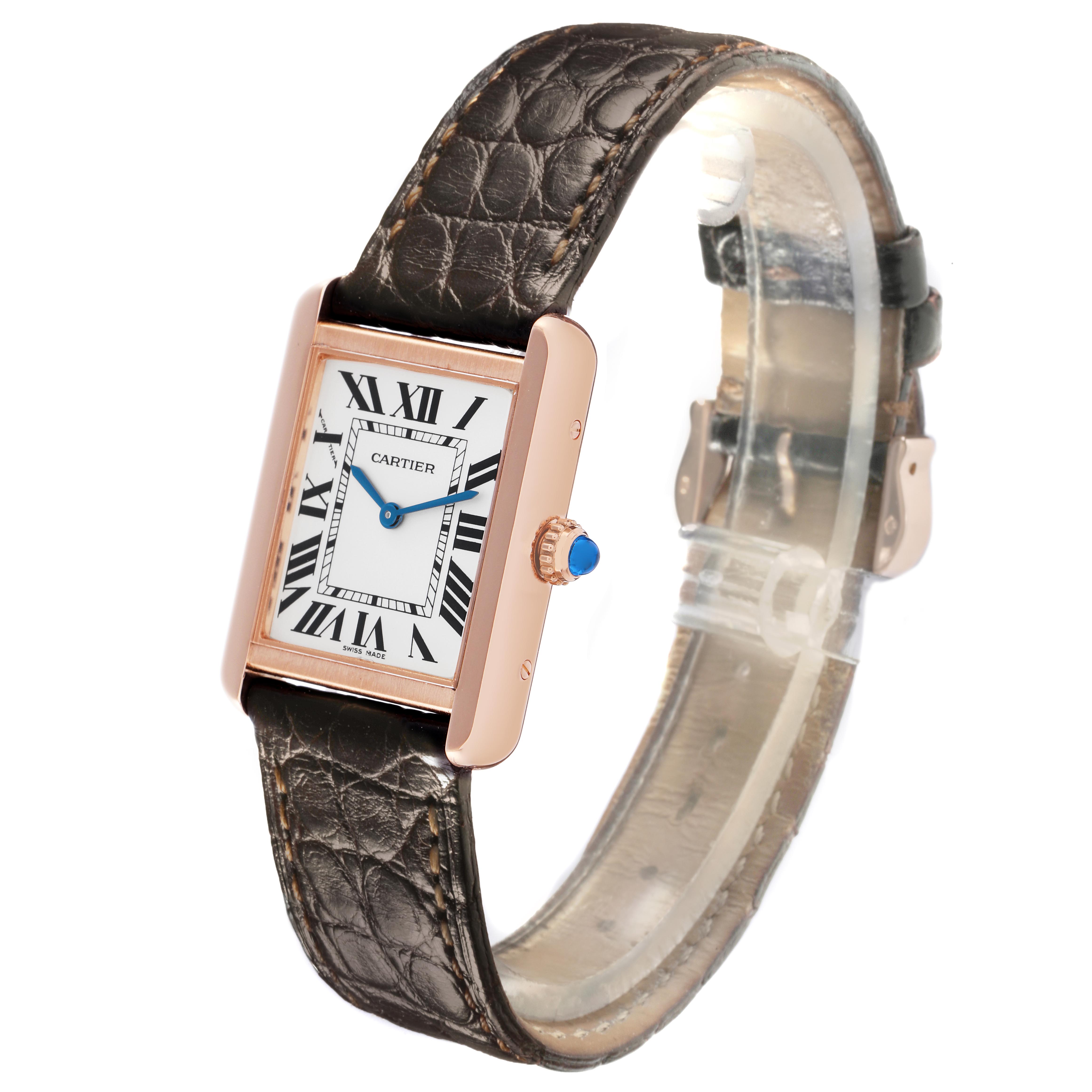The Cartier Tank Solo W5200002 Women
s Steel and Gold (two tone) Silver Dial W5200002 Women
s Steel and Gold (two tone) Silver Dial watch is shown at a three-quarter angle, highlighting the face, crown, and brown leather strap.