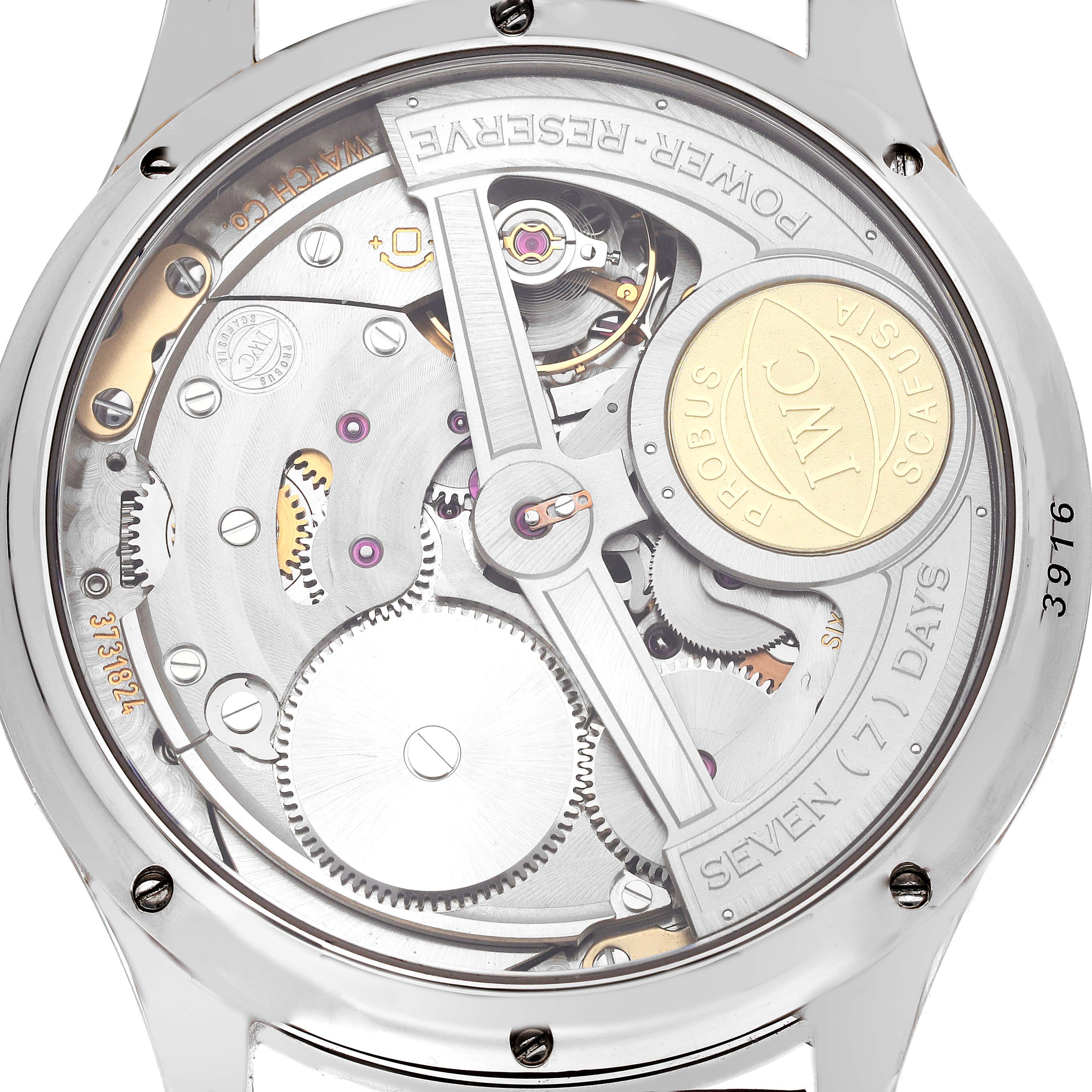 This image shows the back view of the IWC Portuguese IW502307 Men's White Gold Grey Dial IW502307 Men's White Gold Grey Dial watch, revealing its internal mechanical movement and power reserve indicator.