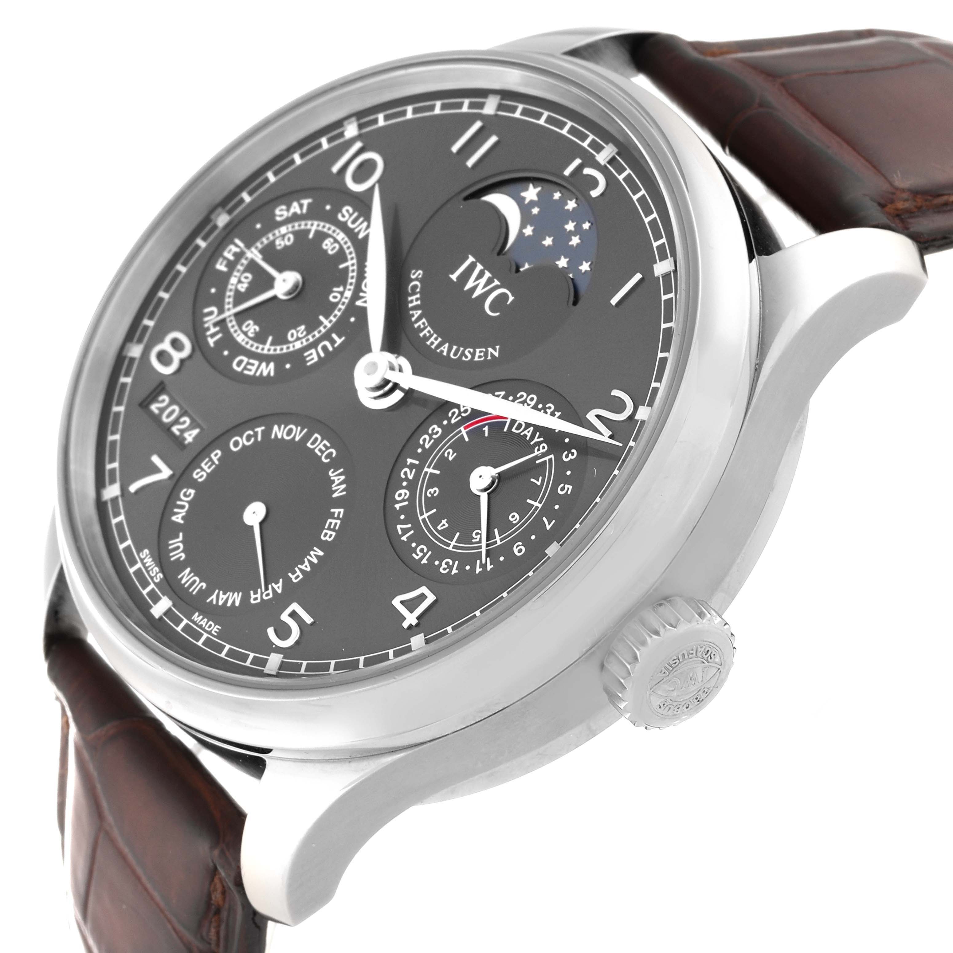 This image shows a 3/4 view of an IWC Portuguese IW502307 Men's White Gold Grey Dial IW502307 Men's White Gold Grey Dial model watch, highlighting the dial, crown, and part of the brown leather strap.