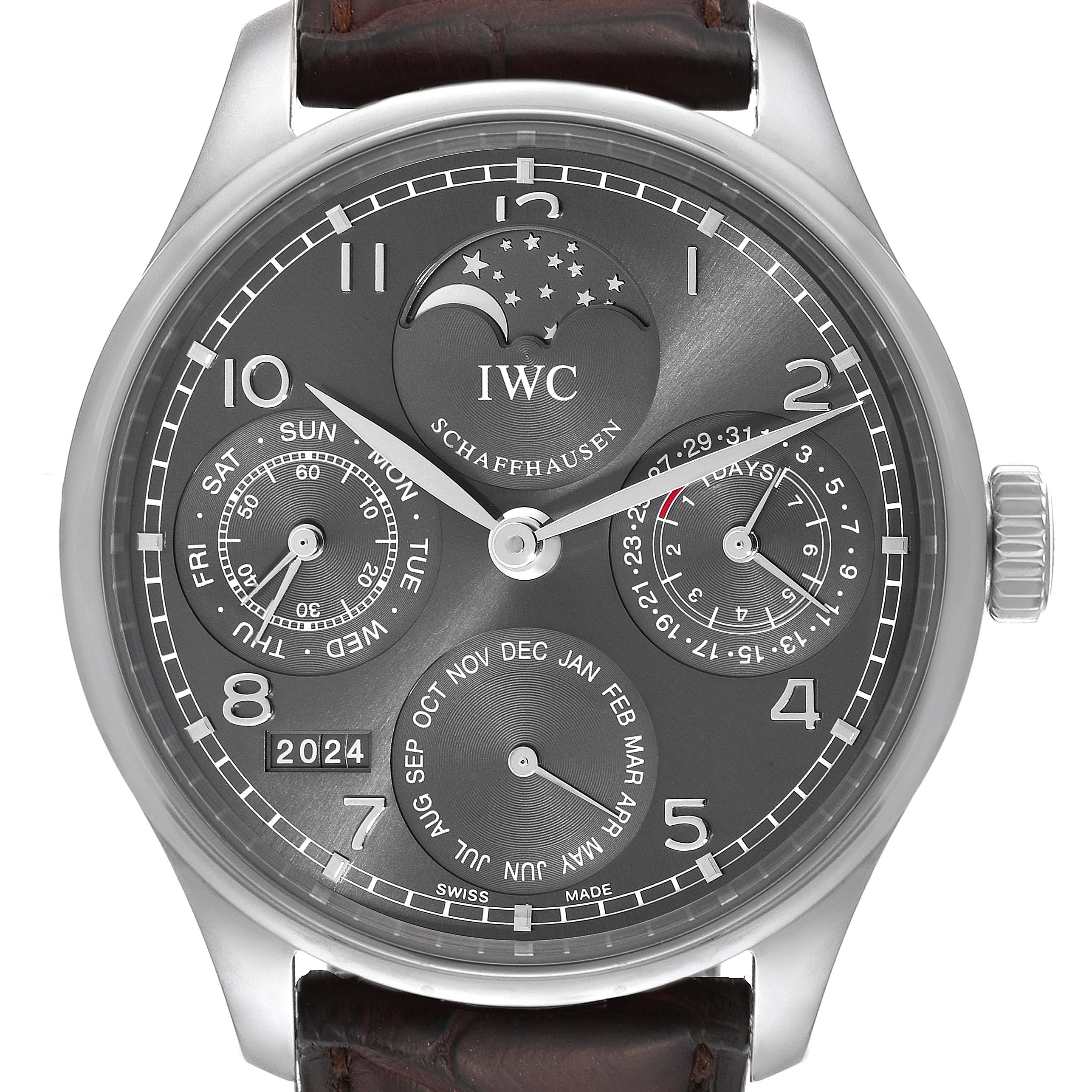 The image shows a frontal view of the IWC Portuguese IW502307 Men's White Gold Grey Dial IW502307 Men's White Gold Grey Dial watch, showcasing its dial with moon phase, day, date, and month complications.