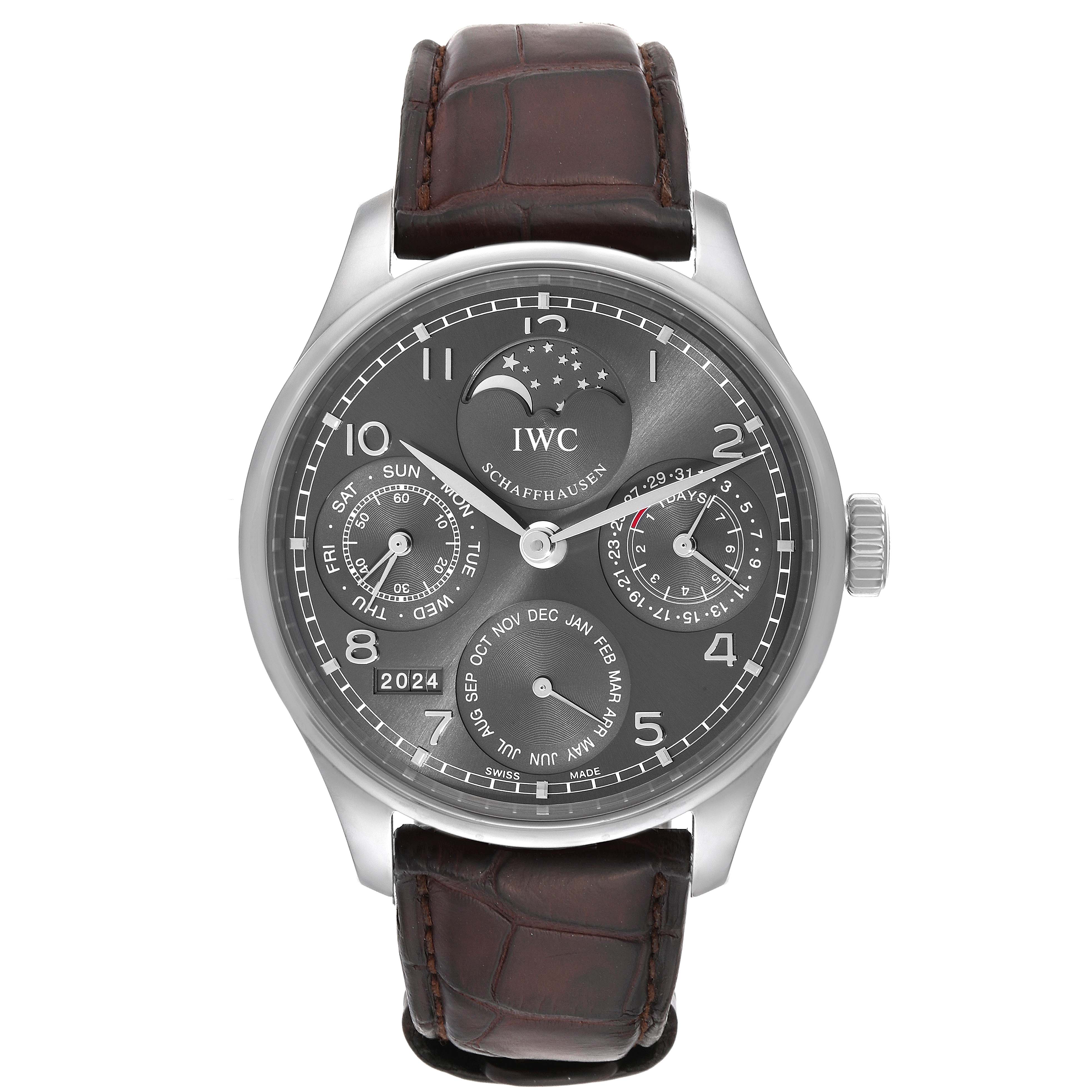 This IWC Portuguese IW502307 Men's White Gold Grey Dial IW502307 Men's White Gold Grey Dial model watch is shown from the front, highlighting its dial and brown leather strap.