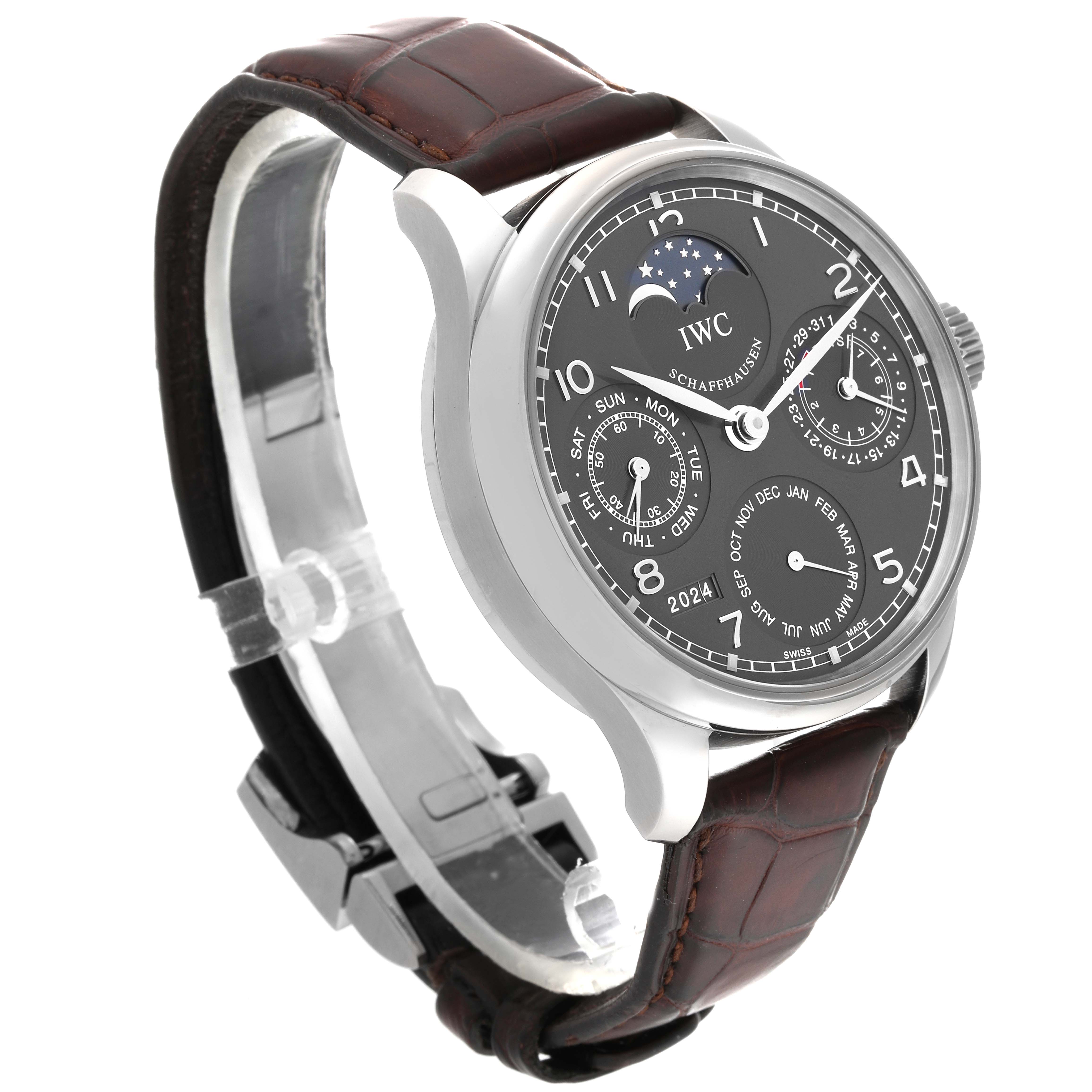 The image shows an IWC Portuguese IW502307 Men's White Gold Grey Dial IW502307 Men's White Gold Grey Dial watch at a three-quarter angle, displaying the dial, crown, and leather strap.