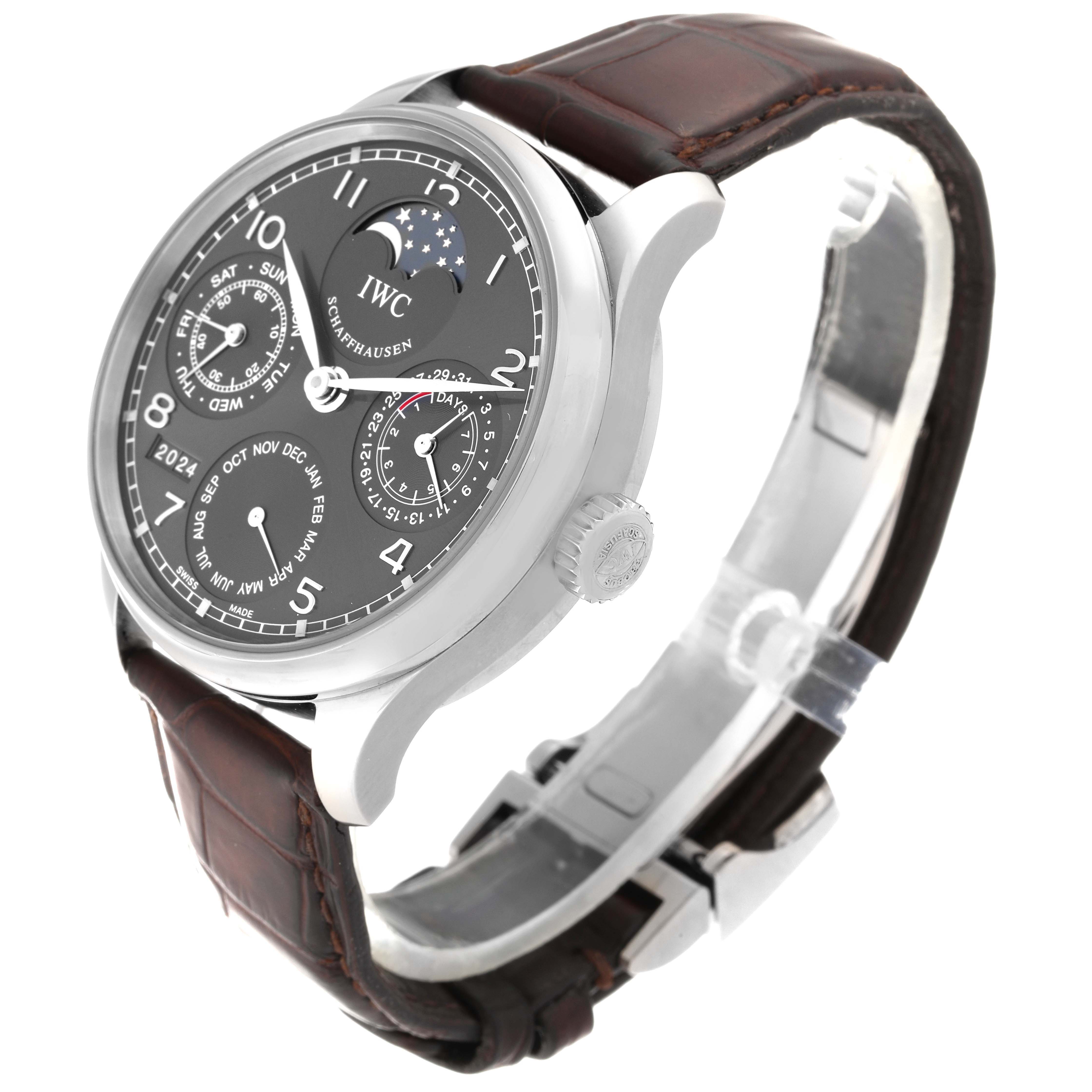 The image shows an angled side view of an IWC Portuguese IW502307 Men's White Gold Grey Dial IW502307 Men's White Gold Grey Dial model watch, highlighting the dial, crown, and brown leather strap.