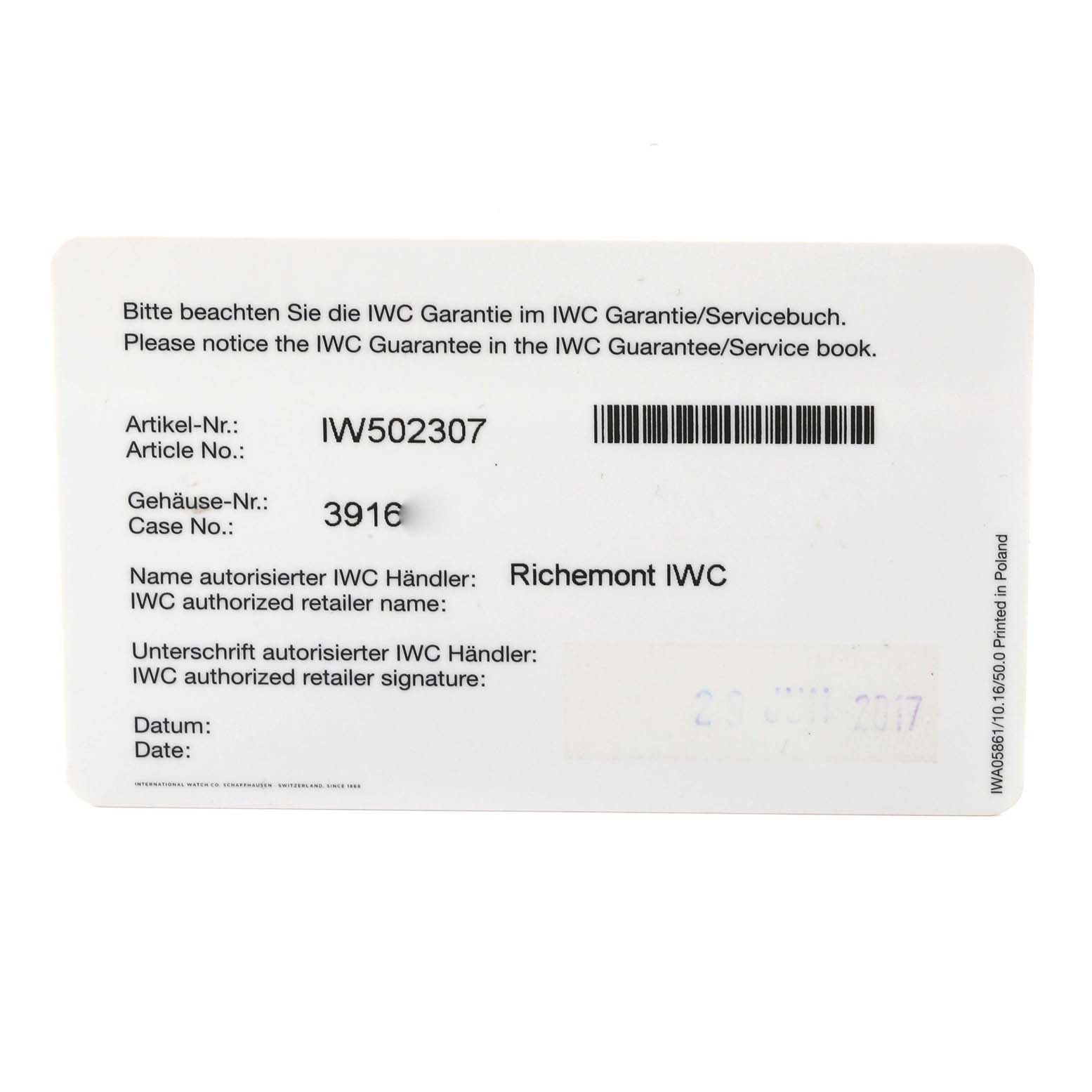 This image shows the guarantee card for the IWC Portuguese IW502307 Men's White Gold Grey Dial IW502307 Men's White Gold Grey Dial model watch.