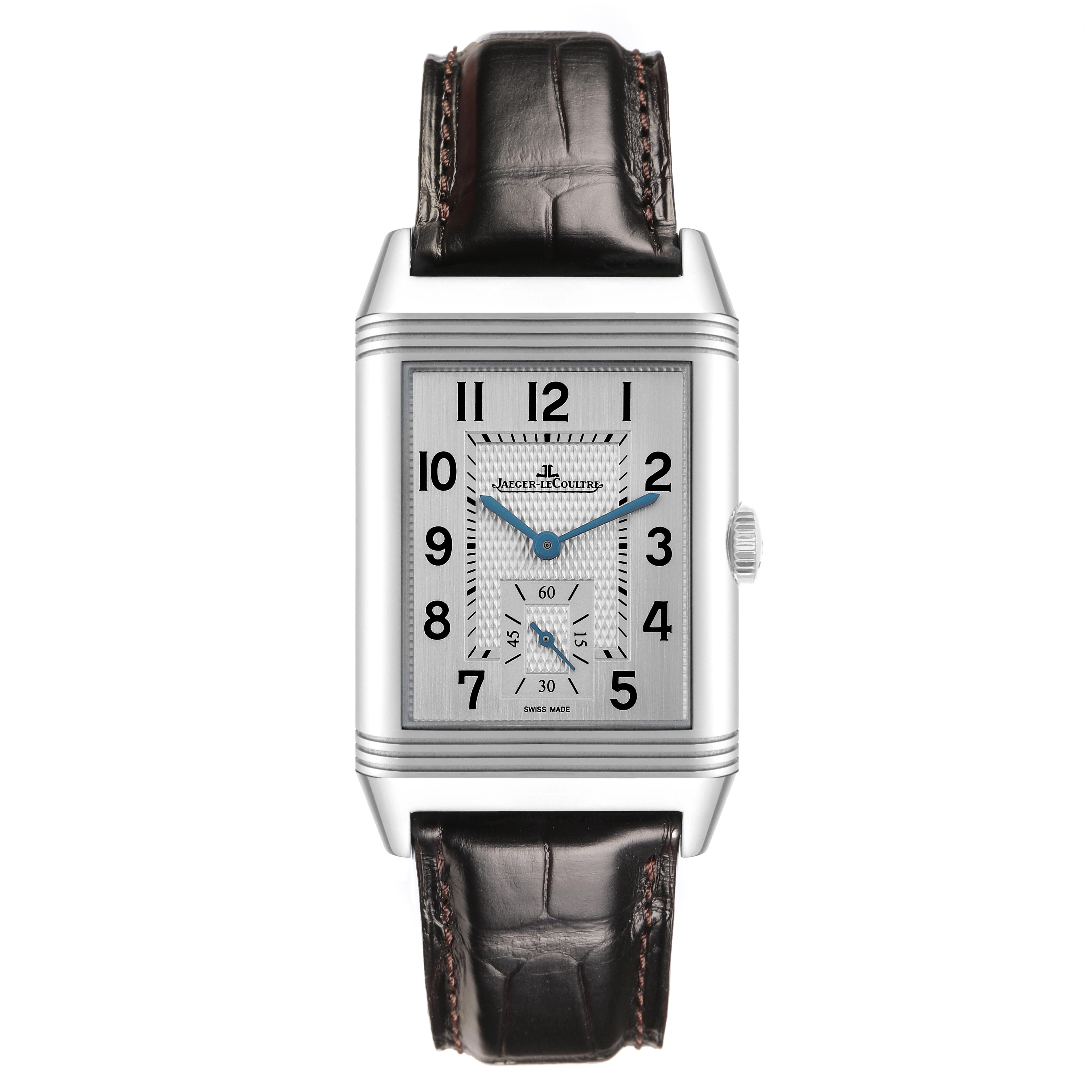 The image shows a front view of the Jaeger LeCoultre Reverso Q3848420 Men
s Stainless Steel Silver Dial Q3848420 Men
s Stainless Steel Silver Dial watch, highlighting its rectangular face and leather strap.