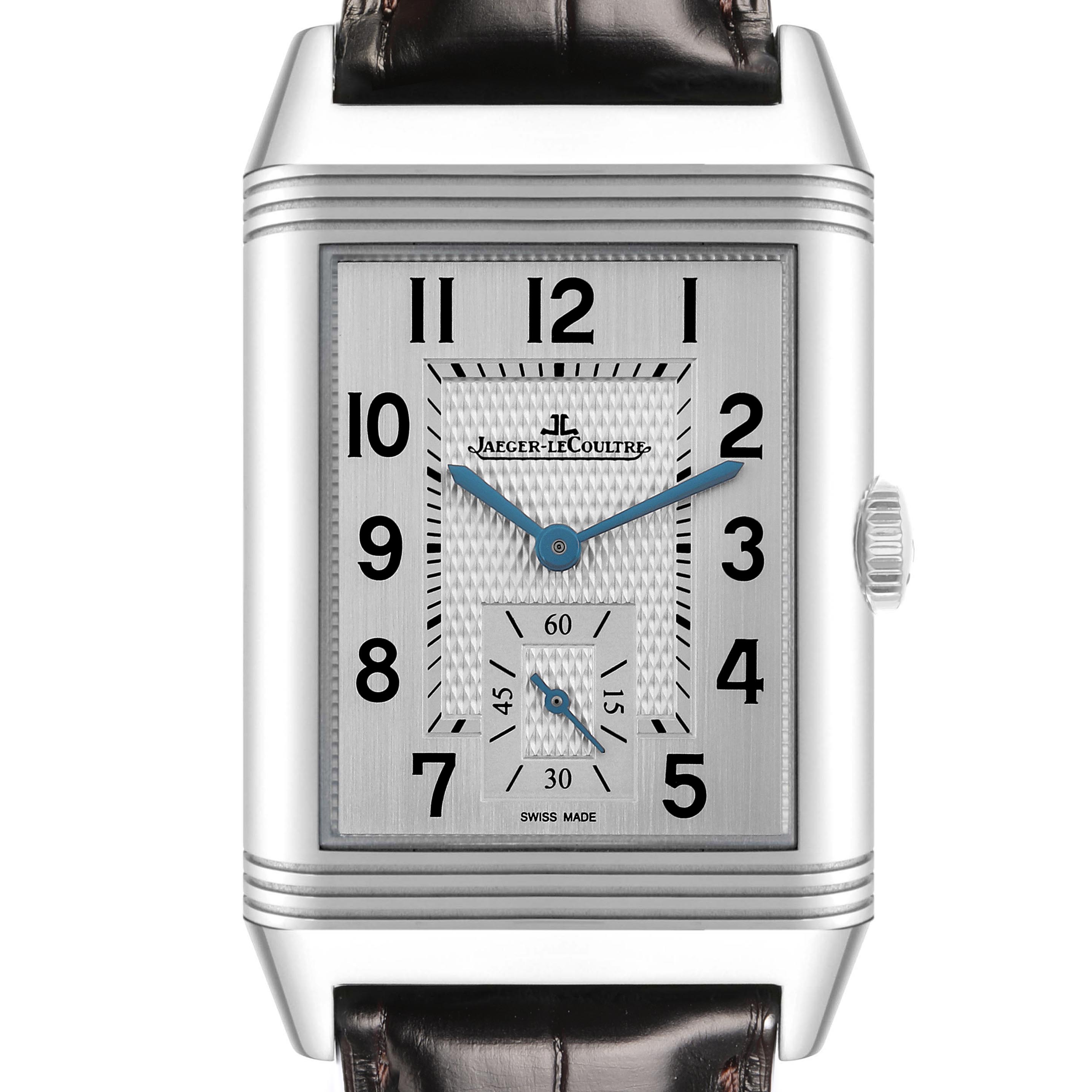 The Jaeger LeCoultre Reverso Q3848420 Men
s Stainless Steel Silver Dial Q3848420 Men
s Stainless Steel Silver Dial watch is shown from a front angle, highlighting the dial and crown.