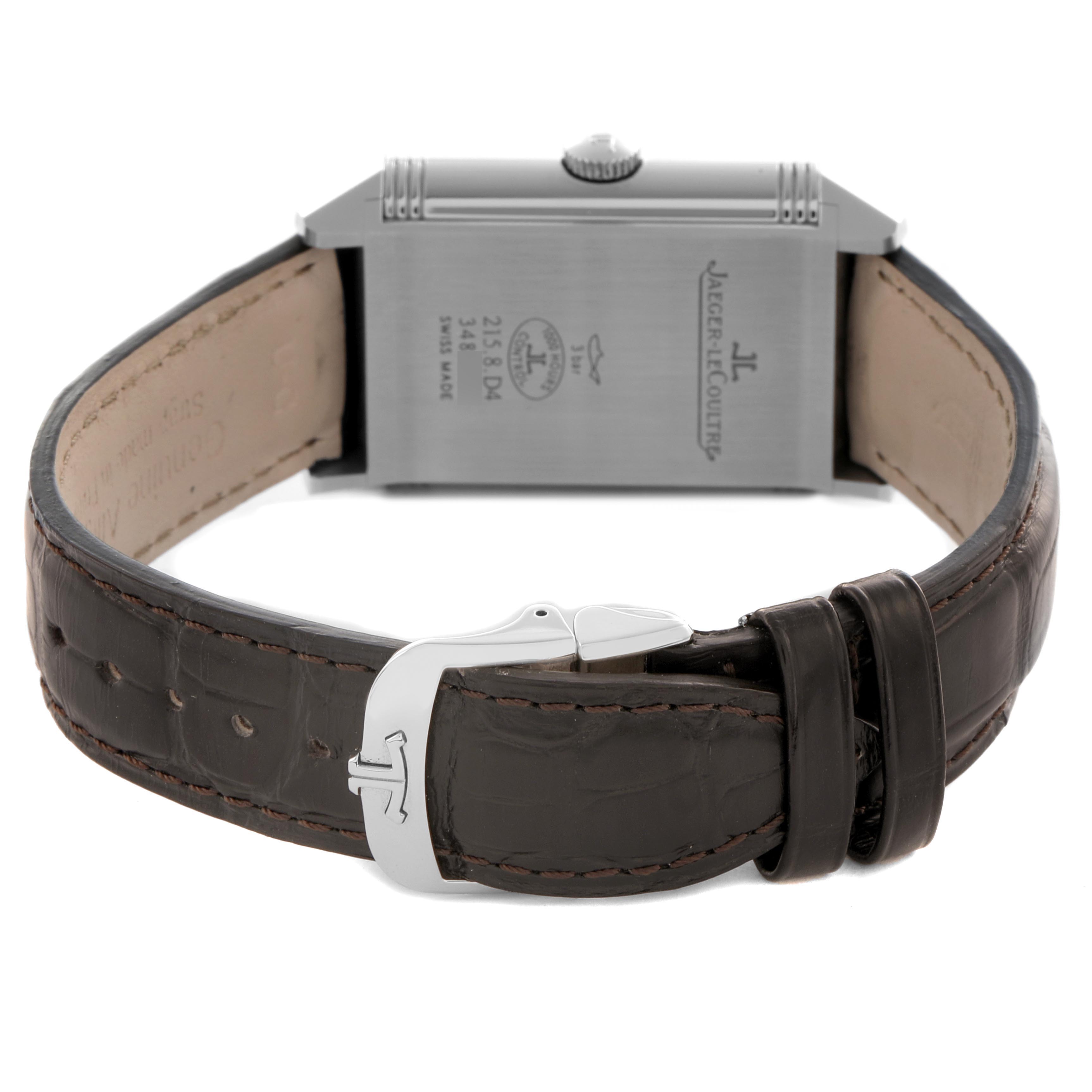 The image shows the back of the Jaeger LeCoultre Reverso Q3848420 Men
s Stainless Steel Silver Dial Q3848420 Men
s Stainless Steel Silver Dial watch, displaying the clasp and strap.