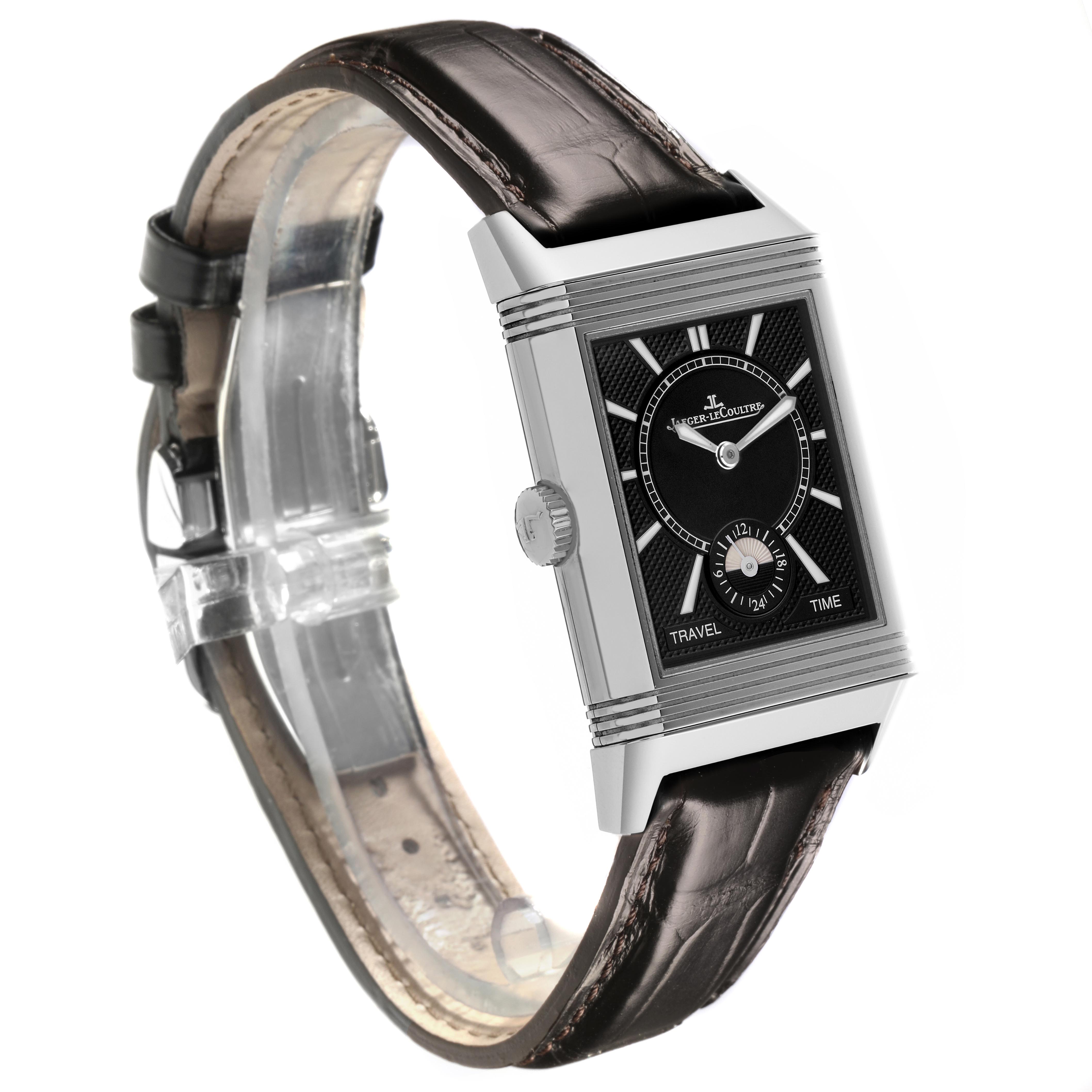 The Jaeger LeCoultre Reverso Q3848420 Men
s Stainless Steel Silver Dial Q3848420 Men
s Stainless Steel Silver Dial watch is shown at an angled side view, highlighting the dial, crown, and leather strap.