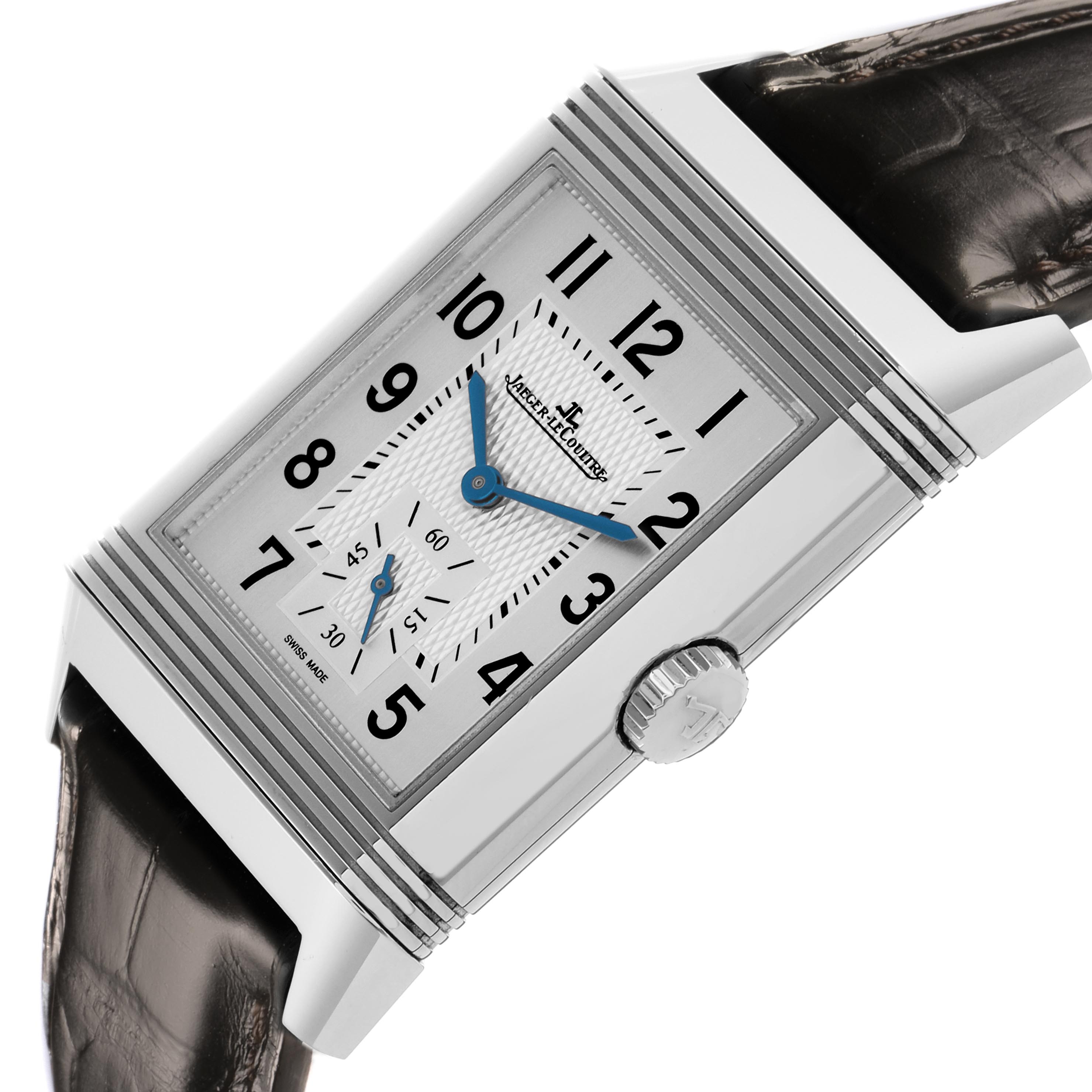 The Jaeger LeCoultre Reverso Q3848420 Men
s Stainless Steel Silver Dial Q3848420 Men
s Stainless Steel Silver Dial watch is shown from a front angled view, highlighting its rectangular face, crown, and strap.