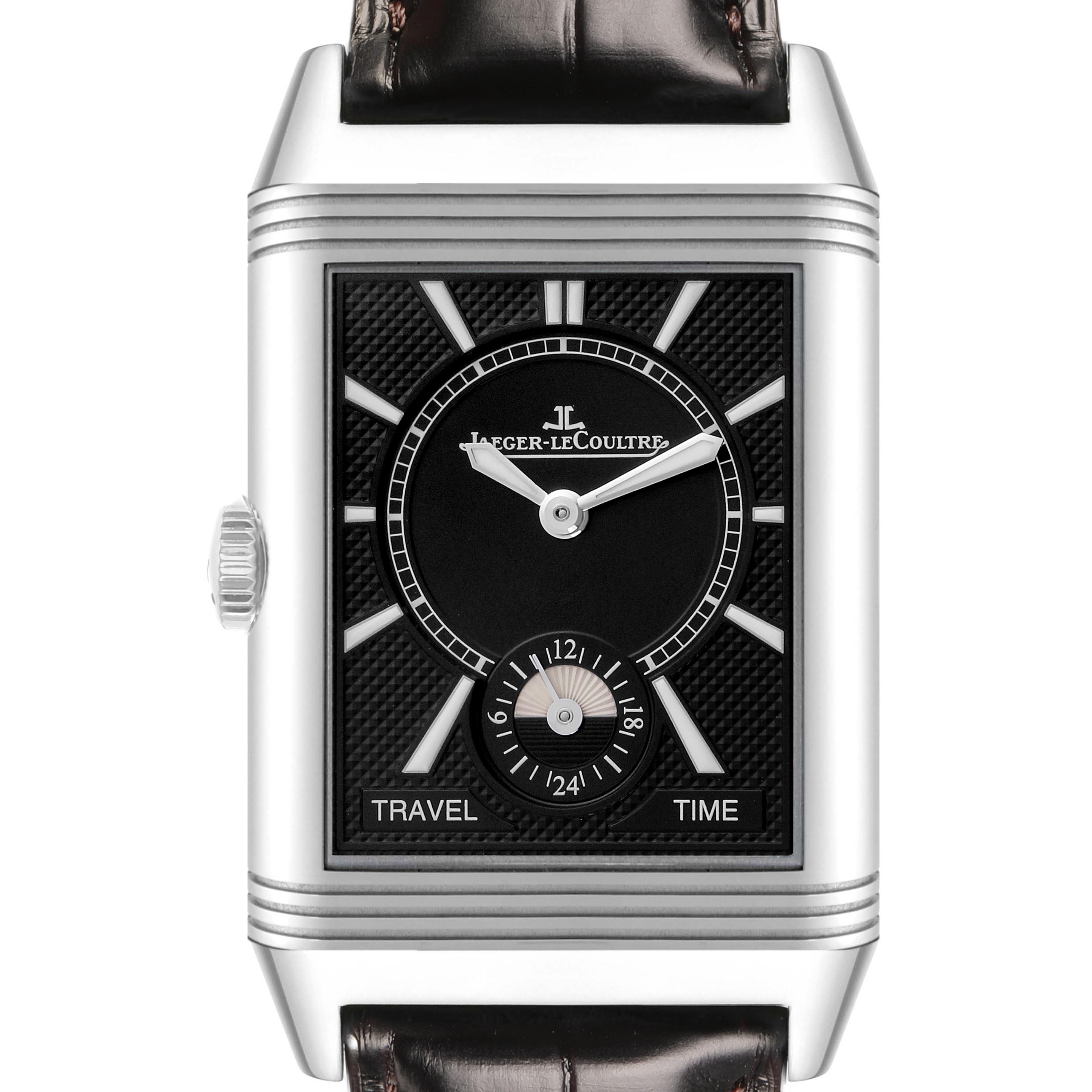 The Jaeger-LeCoultre Reverso watch is shown from the front, highlighting its dial, case, and crown.