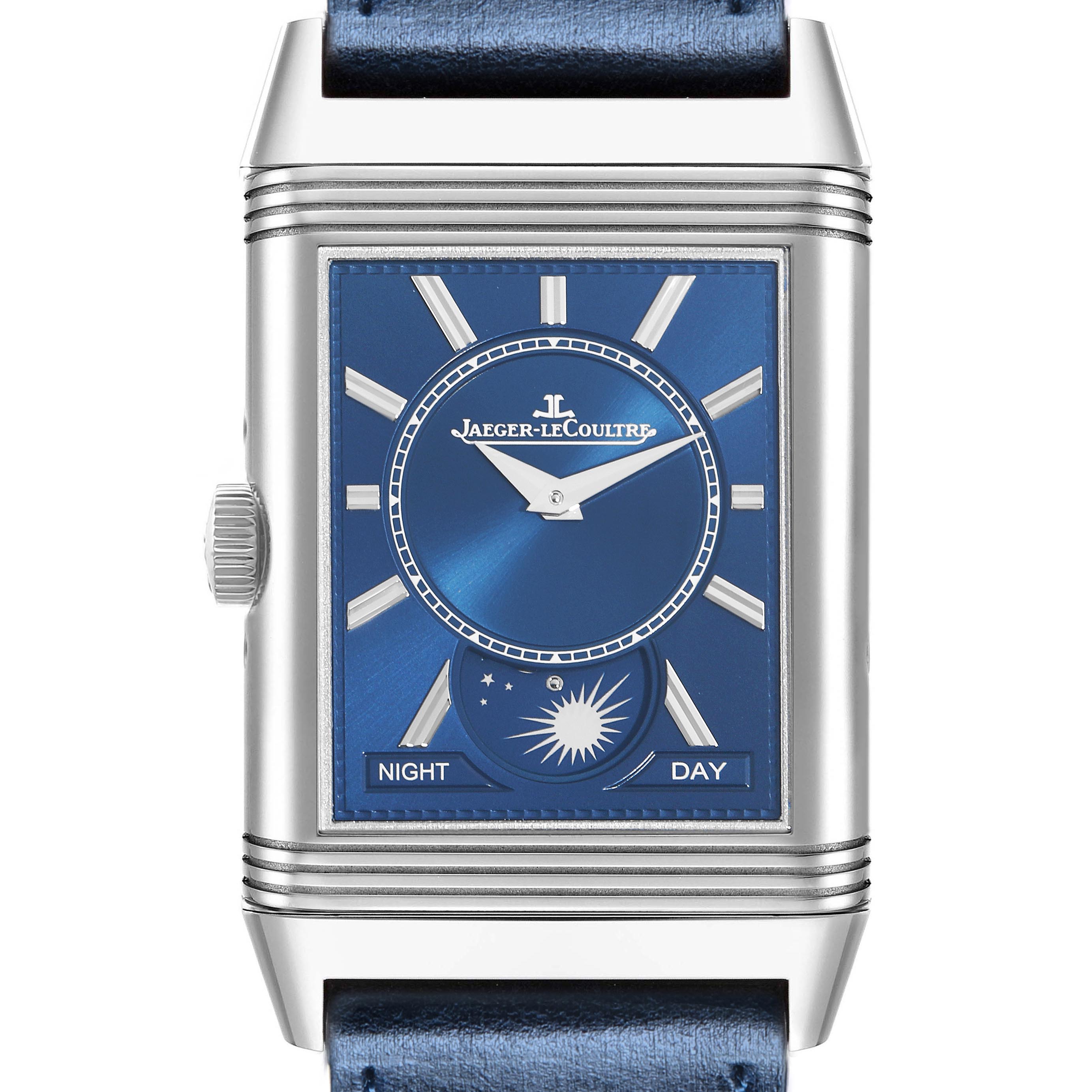 The Jaeger LeCoultre Reverso Q3918420 Men
s Stainless Steel Silver Dial Q3918420 Men
s Stainless Steel Silver Dial watch is shown from the front, displaying the blue dial, hour markers, and day-night indicator.