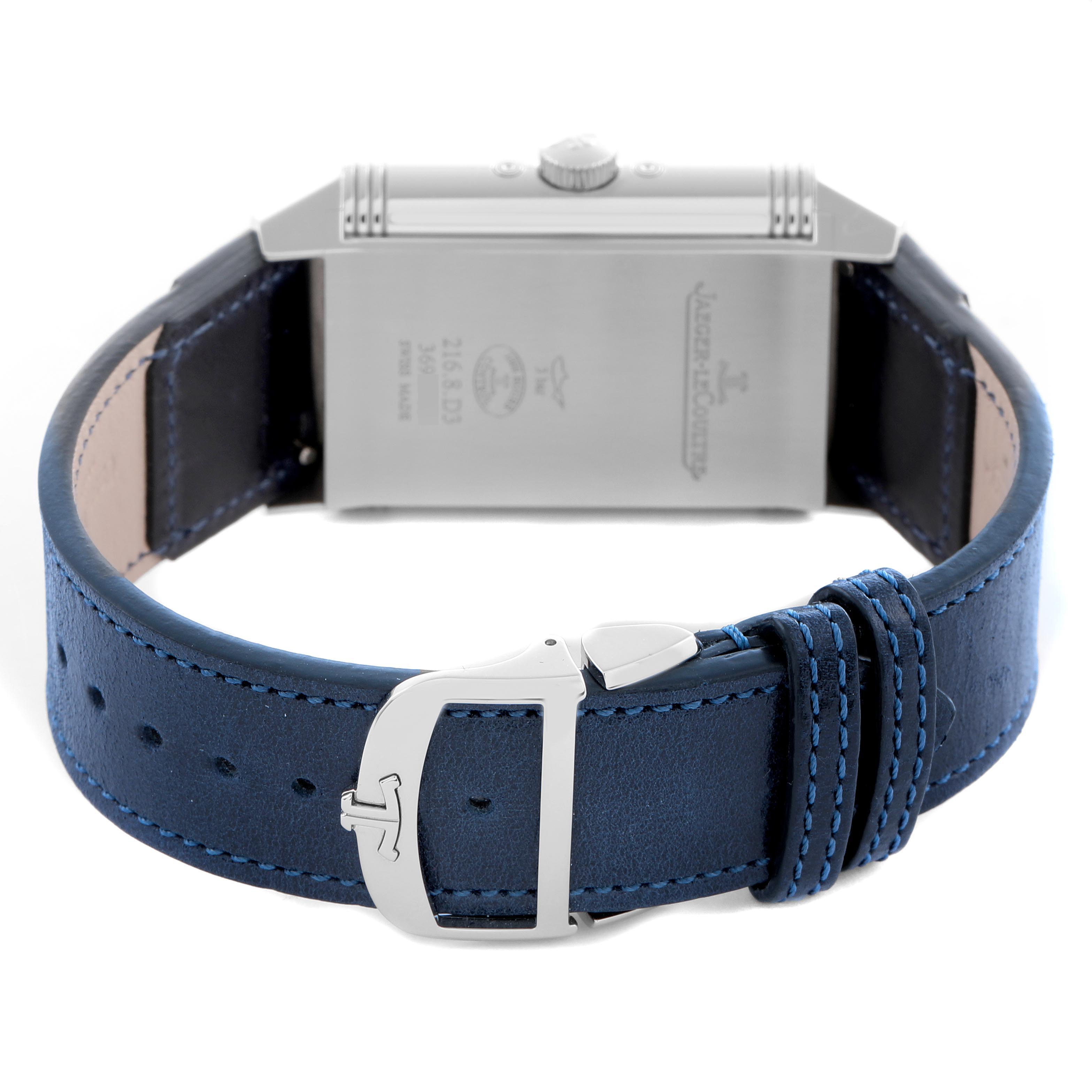 The image shows the back of a Jaeger LeCoultre Reverso Q3918420 Men
s Stainless Steel Silver Dial Q3918420 Men
s Stainless Steel Silver Dial watch, highlighting the case, strap, and buckle.