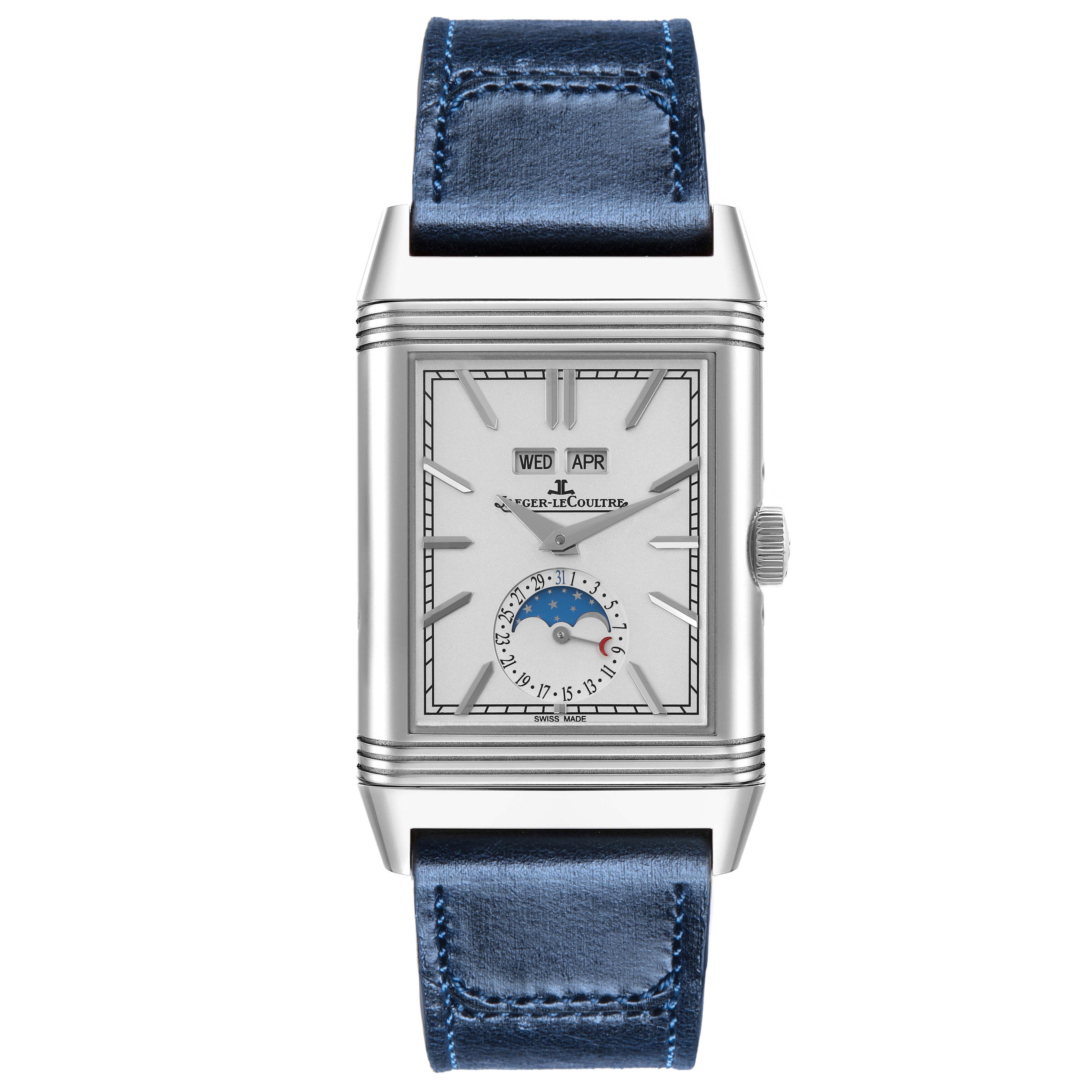 The image shows a front view of the Jaeger LeCoultre Reverso Q3918420 Men
s Stainless Steel Silver Dial Q3918420 Men
s Stainless Steel Silver Dial watch, featuring a rectangular dial, blue leather strap, and calendar functions.