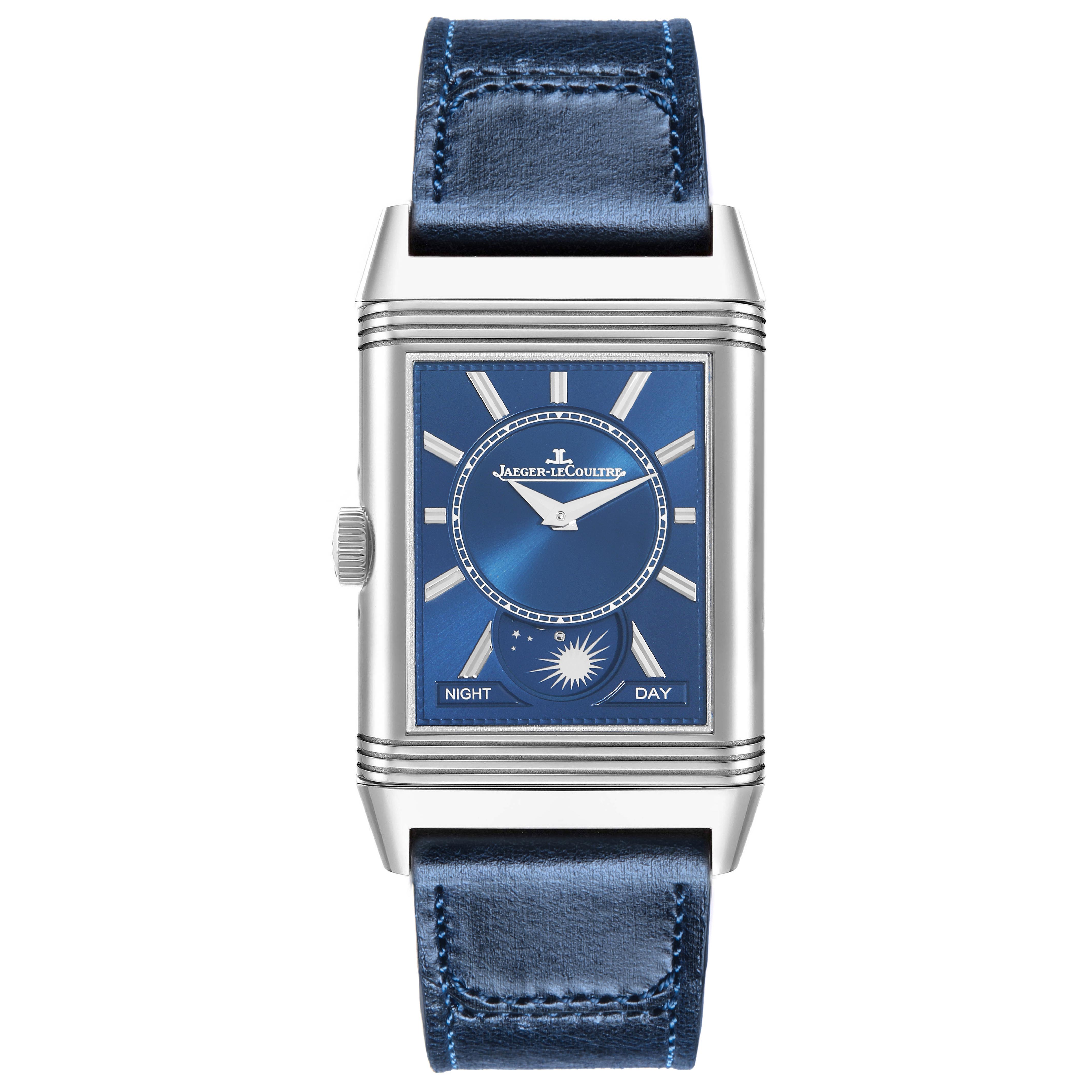 The Jaeger LeCoultre Reverso Q3918420 Men
s Stainless Steel Silver Dial Q3918420 Men
s Stainless Steel Silver Dial watch is shown from a front angle with a blue dial and strap, highlighting the night/day indicator.