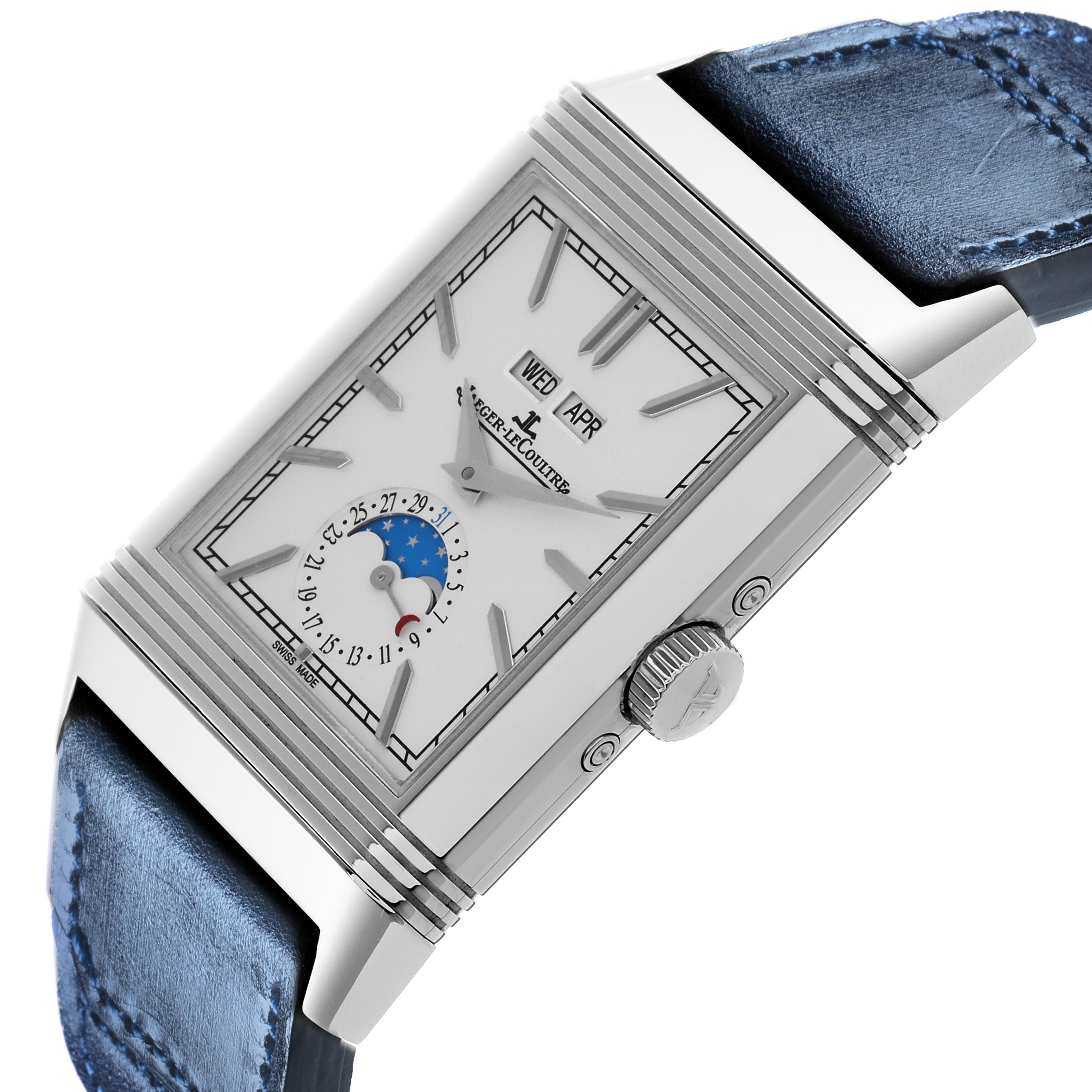 The Jaeger-LeCoultre Reverso watch is shown at a slight angled side view, displaying the face, crown, and part of the strap.