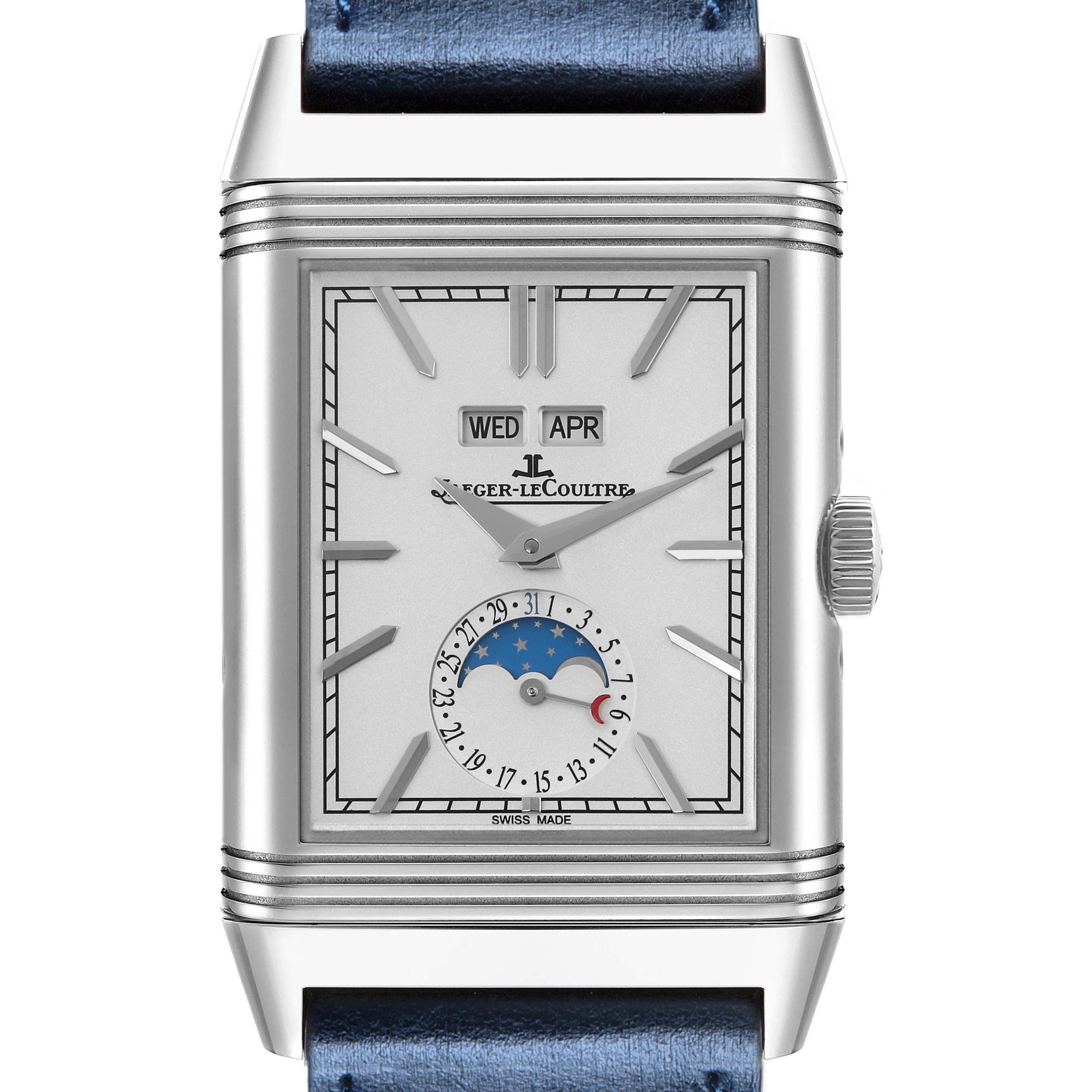 The Jaeger-LeCoultre Reverso watch is shown from the front, displaying the dial with date, day, and moon phase complications.