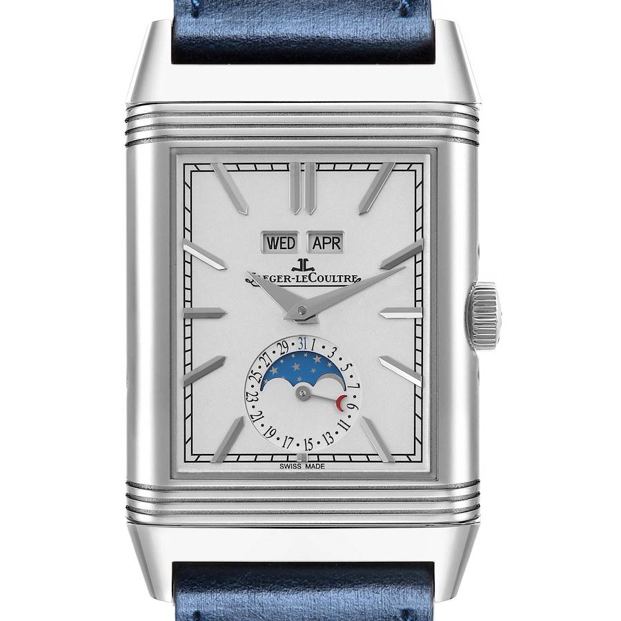 The Jaeger-LeCoultre Reverso watch is shown from the front, displaying the dial with date, day, and moon phase complications.