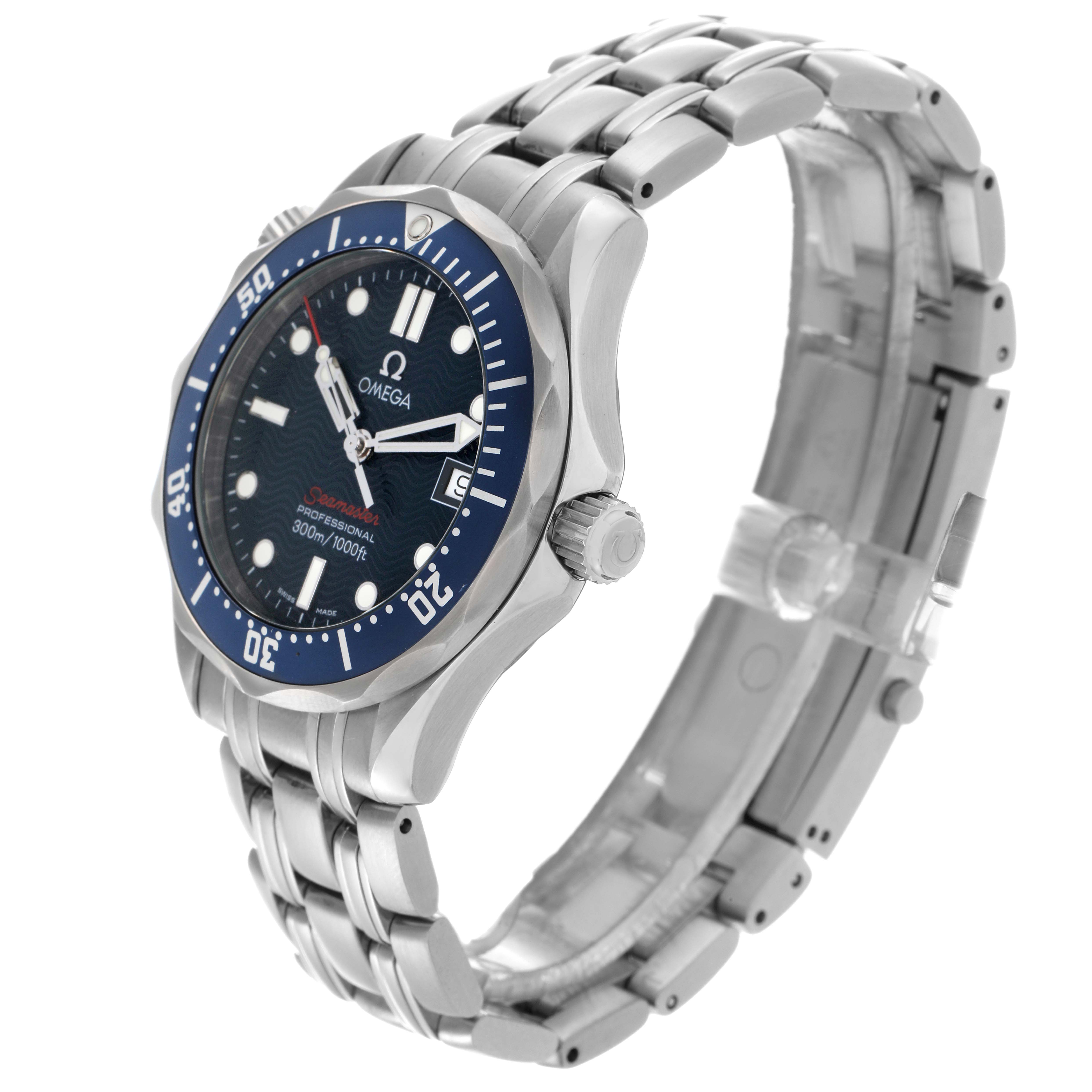 The Omega Seamaster 2223.80.00 Men
s Stainless Steel Blue Dial 2223.80.00 Men
s Stainless Steel Blue Dial watch is shown at a three-quarter angle, highlighting the face, crown, bezel, and bracelet links.