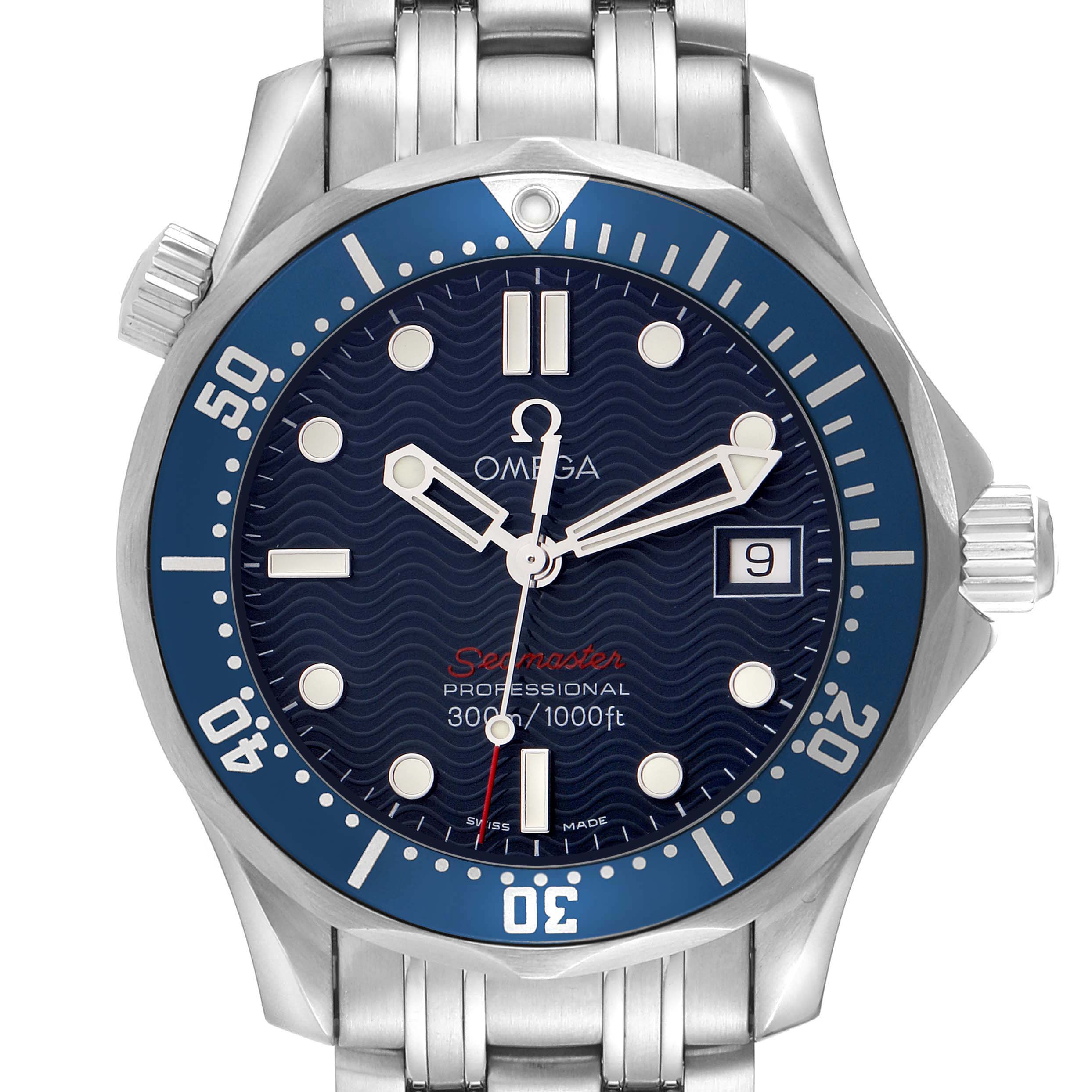 The image shows a front view of the Omega Seamaster 2223.80.00 Men
s Stainless Steel Blue Dial 2223.80.00 Men
s Stainless Steel Blue Dial watch, highlighting its dial, bezel, and bracelet.