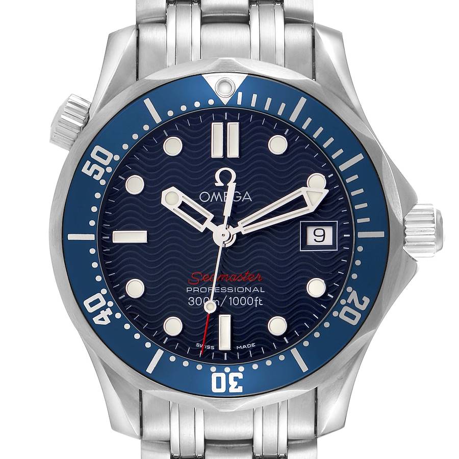 The image shows a front view of the Omega Seamaster watch, highlighting its dial, bezel, and bracelet.