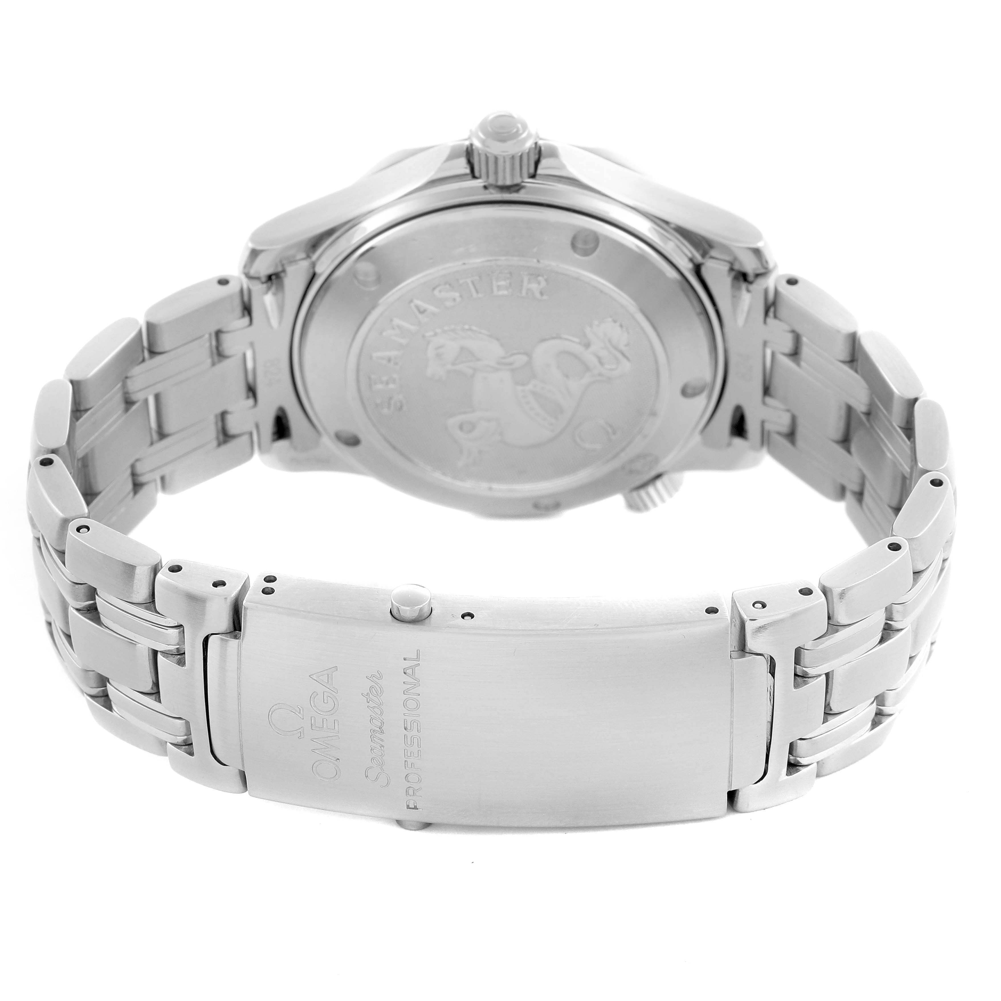 The Omega Seamaster 2223.80.00 Men
s Stainless Steel Blue Dial 2223.80.00 Men
s Stainless Steel Blue Dial watch is shown from the back, highlighting the case back and bracelet clasp with engravings.