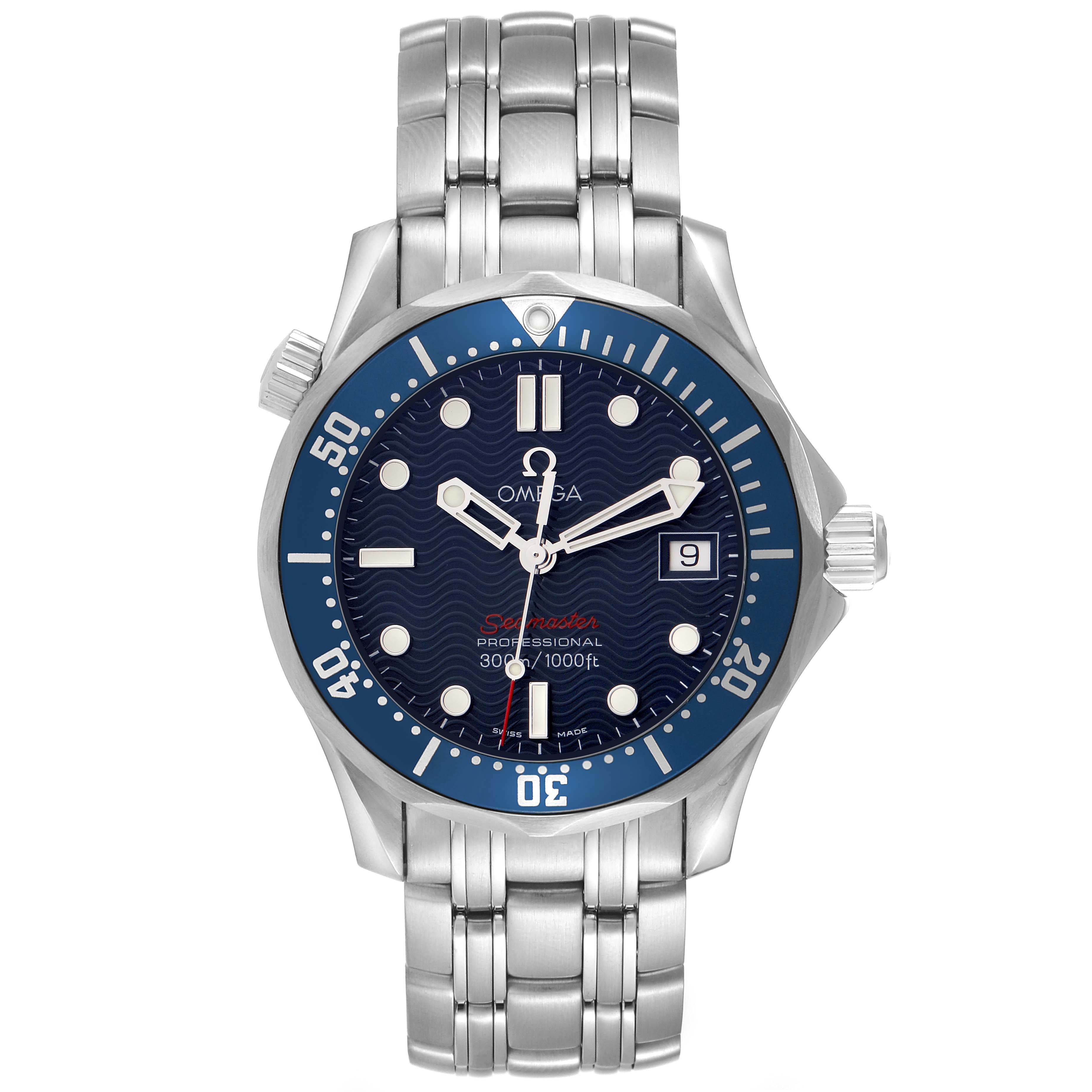 The Omega Seamaster 2223.80.00 Men
s Stainless Steel Blue Dial 2223.80.00 Men
s Stainless Steel Blue Dial watch is shown from a front angle, highlighting its blue dial, bezel, and stainless steel bracelet.