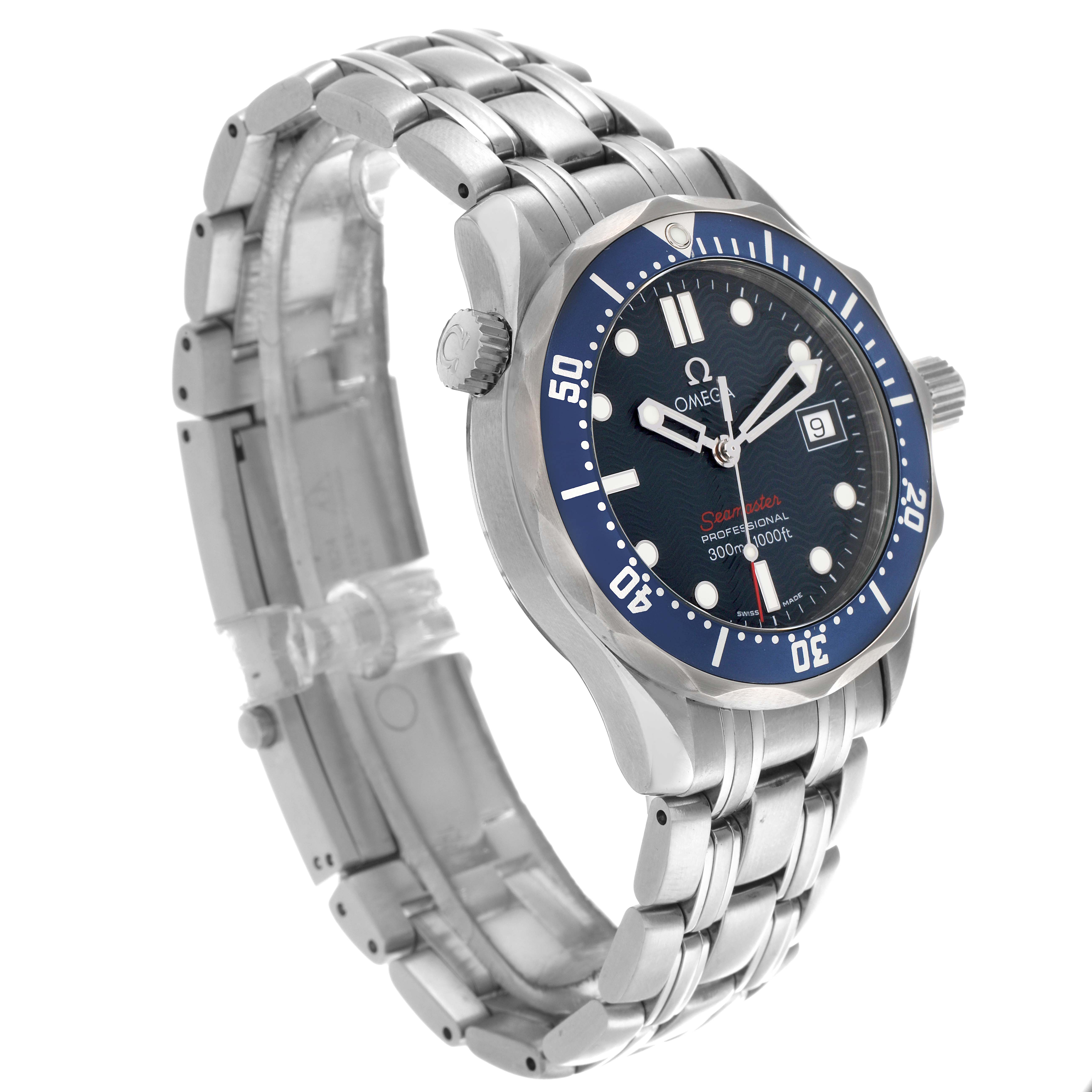 The Omega Seamaster 2223.80.00 Men
s Stainless Steel Blue Dial 2223.80.00 Men
s Stainless Steel Blue Dial watch is shown at a three-quarter angle, displaying the dial, bezel, crown, and bracelet.