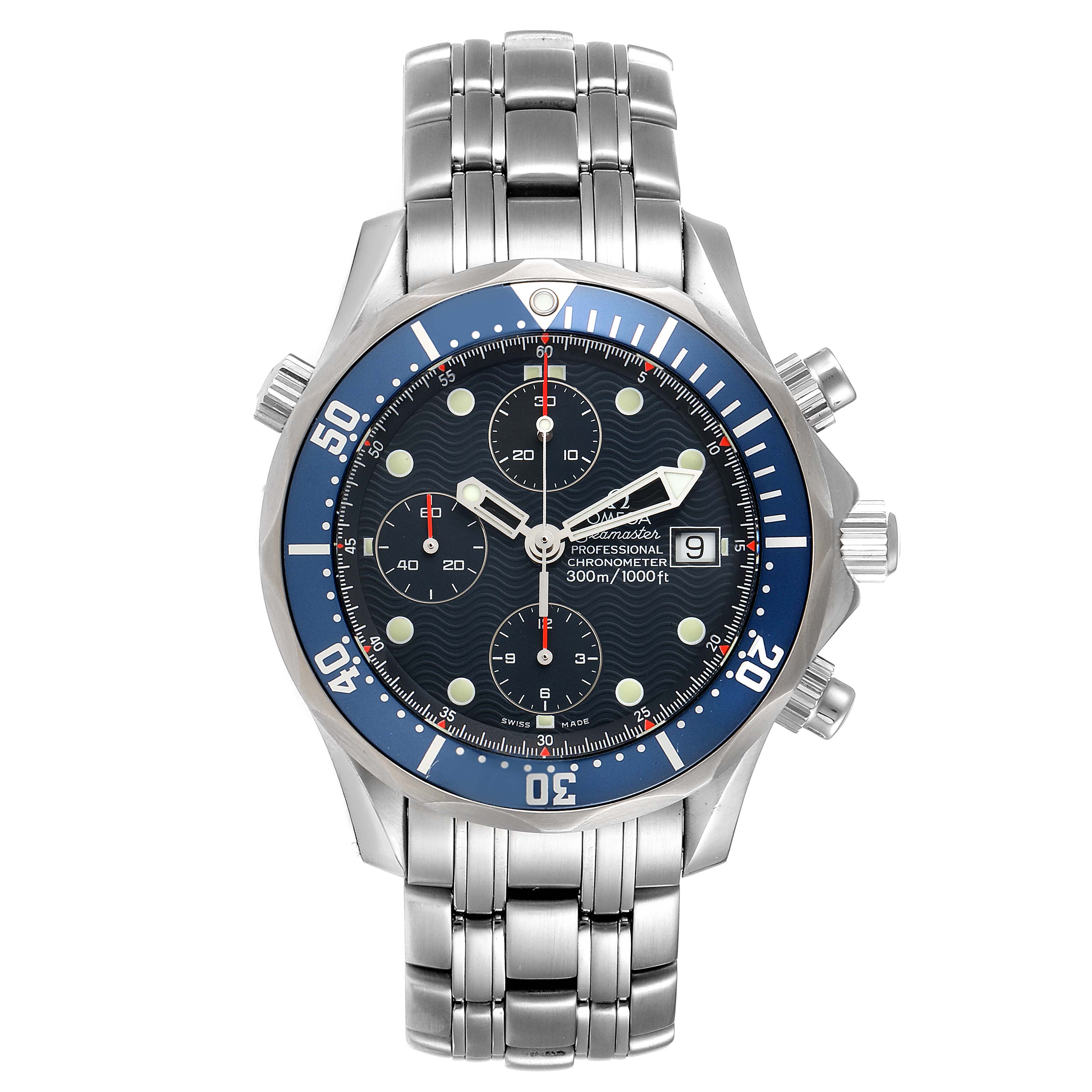 The image shows a front view of an Omega Seamaster 2225.80.00 Men
s Stainless Steel Blue Dial 2225.80.00 Men
s Stainless Steel Blue Dial watch, highlighting its face, bezel, and stainless steel bracelet.