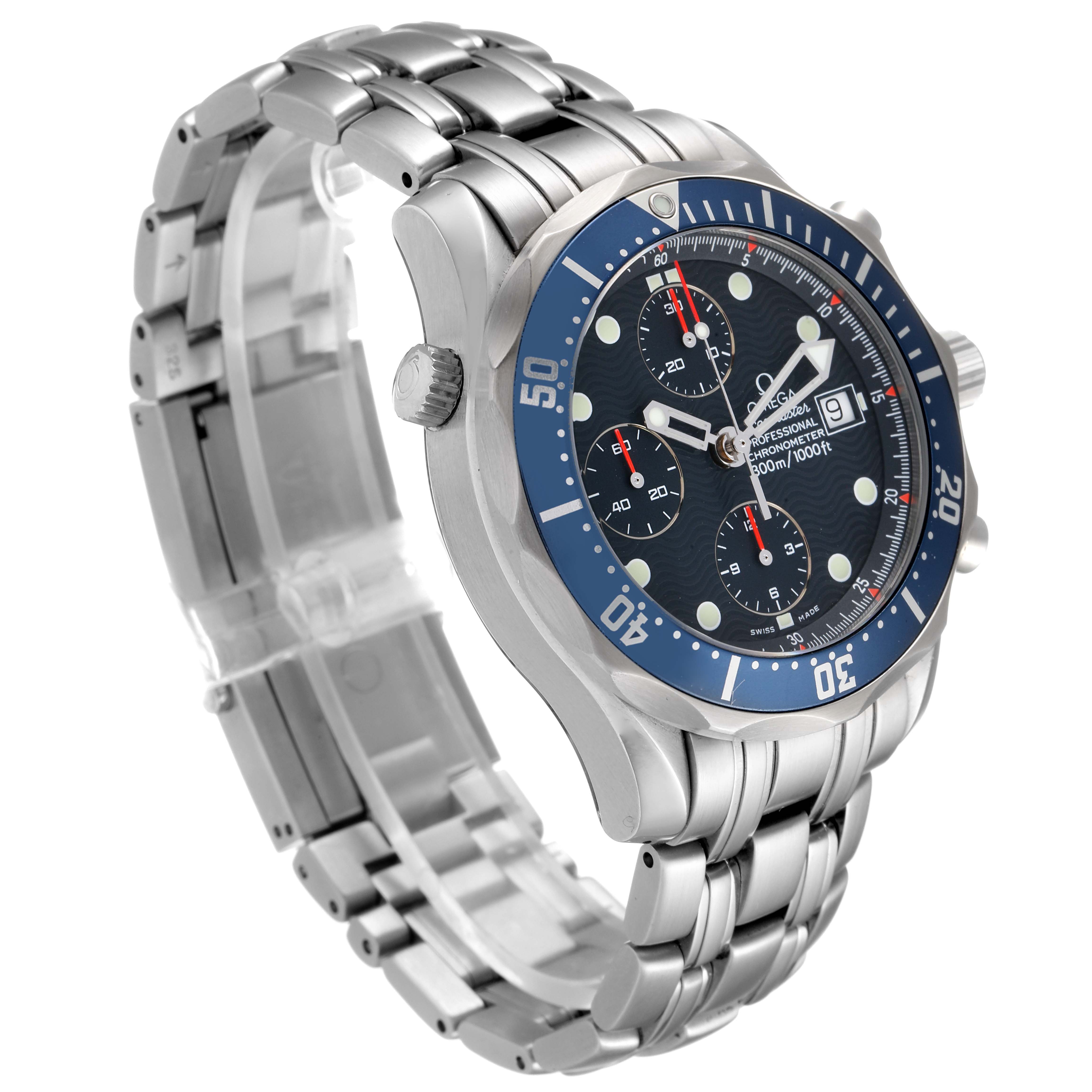 The Omega Seamaster 2225.80.00 Men
s Stainless Steel Blue Dial 2225.80.00 Men
s Stainless Steel Blue Dial watch is shown at a three-quarter angle, highlighting its blue dial, bezel, and stainless steel bracelet.