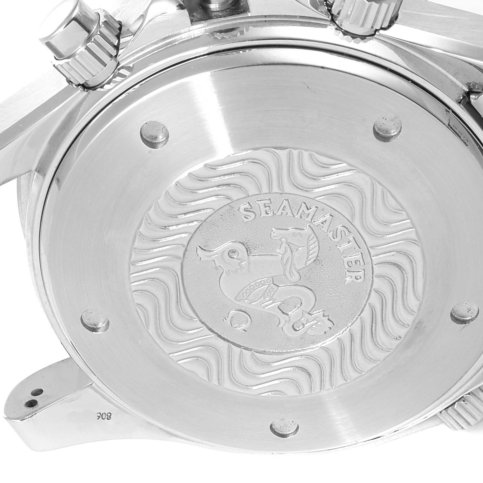 The image shows the case back of an Omega Seamaster 2225.80.00 Men
s Stainless Steel Blue Dial 2225.80.00 Men
s Stainless Steel Blue Dial watch with the logo and decorative engraving.