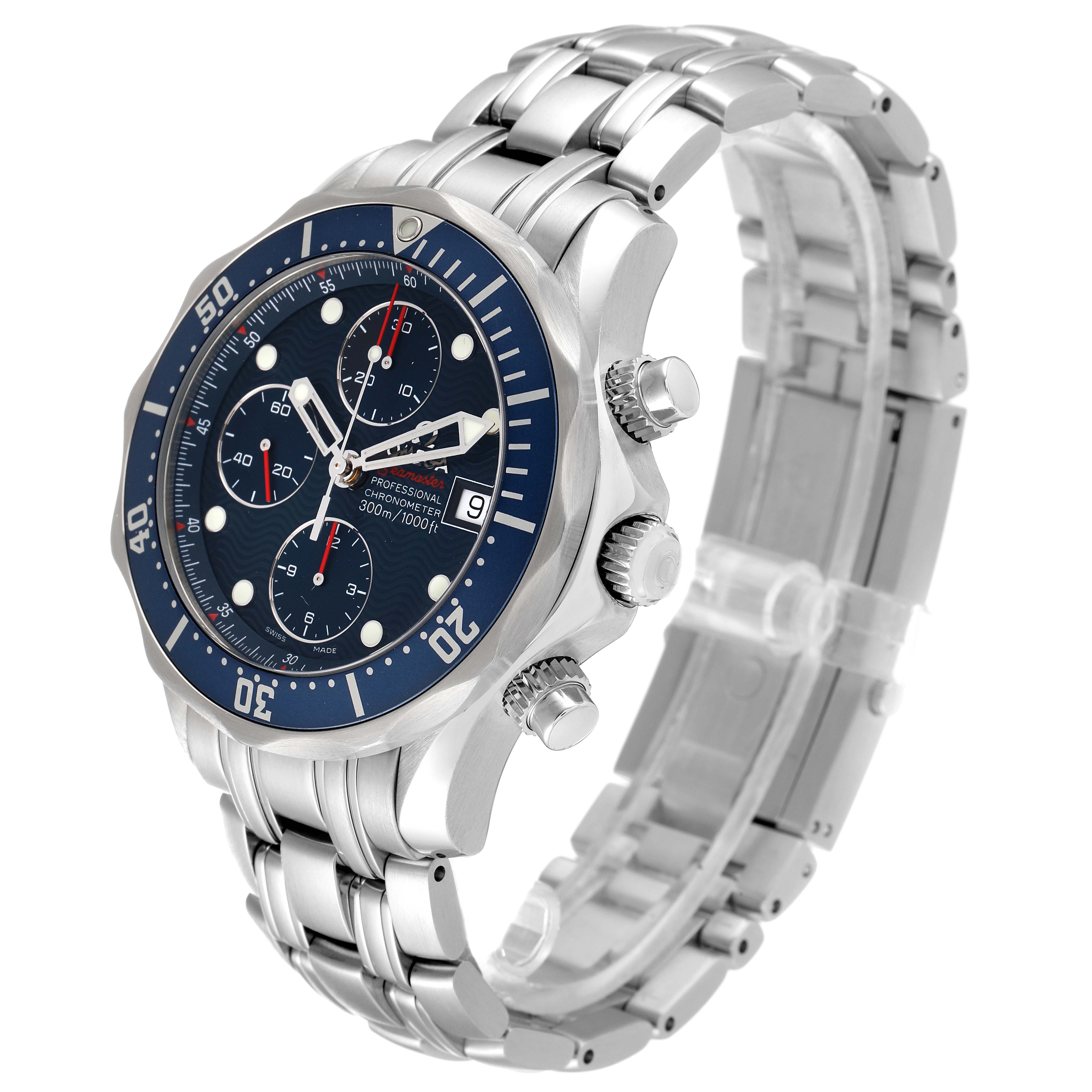 The image shows a three-quarter angle of the Omega Seamaster 2225.80.00 Men's Stainless Steel Blue Dial 2225.80.00 Men's Stainless Steel Blue Dial watch, highlighting the bezel, dial, crown, and stainless steel bracelet.