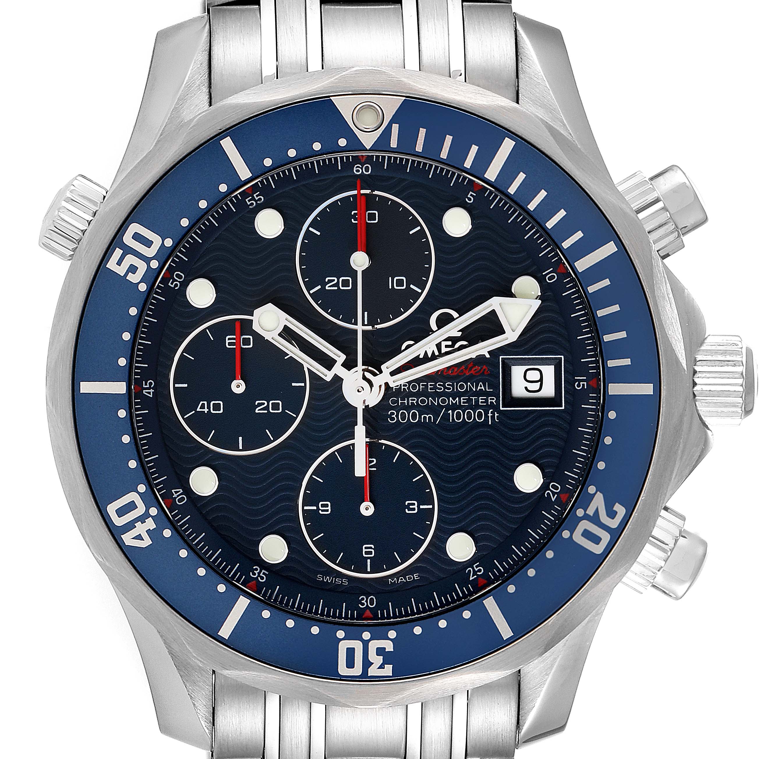 The image shows a front view of the Omega Seamaster 2225.80.00 Men's Stainless Steel Blue Dial 2225.80.00 Men's Stainless Steel Blue Dial watch, highlighting the dial, hands, chronograph sub-dials, date window, and bezel.