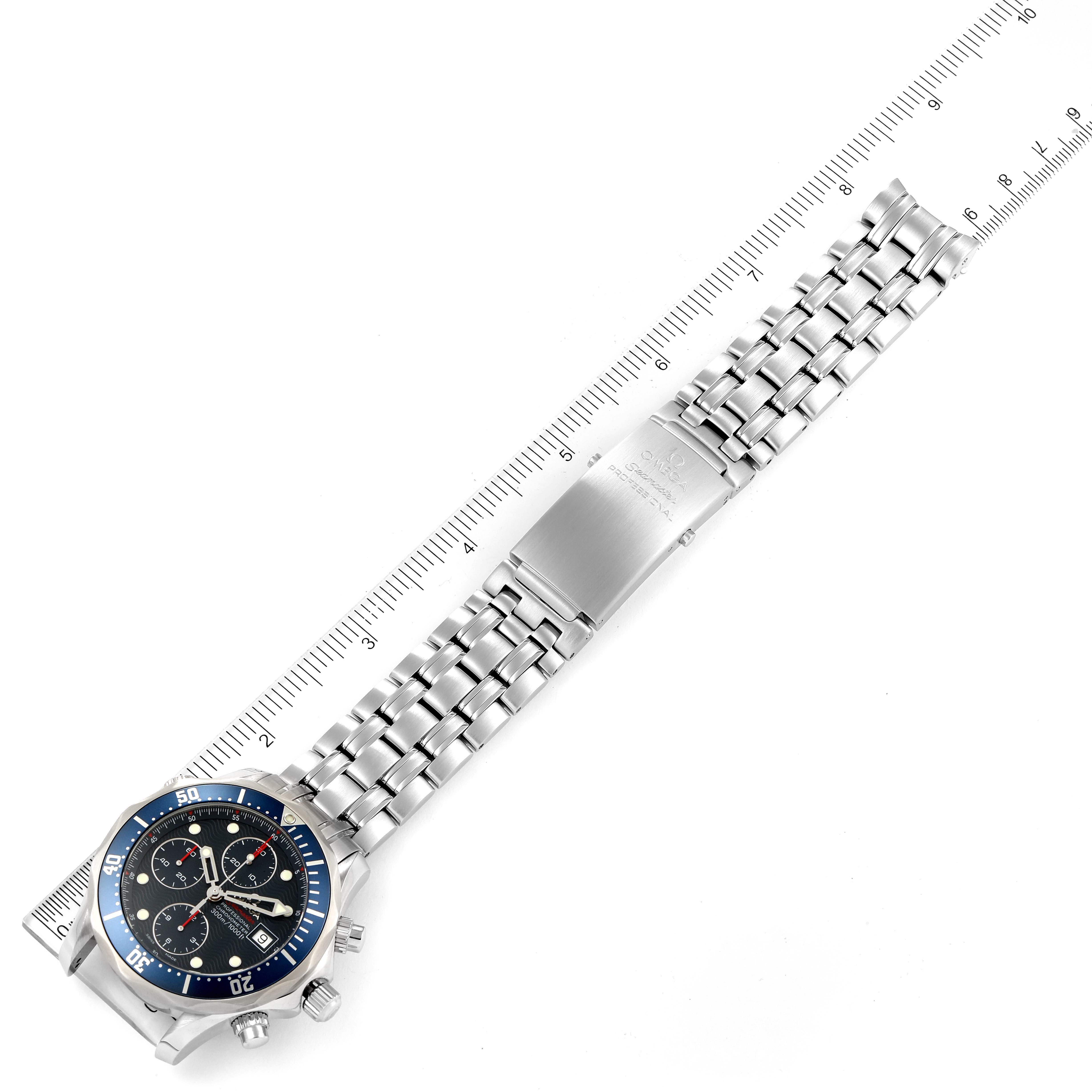 The Omega Seamaster 2225.80.00 Men's Stainless Steel Blue Dial 2225.80.00 Men's Stainless Steel Blue Dial watch is shown from above, displaying the full length of its bracelet and the face of the watch.
