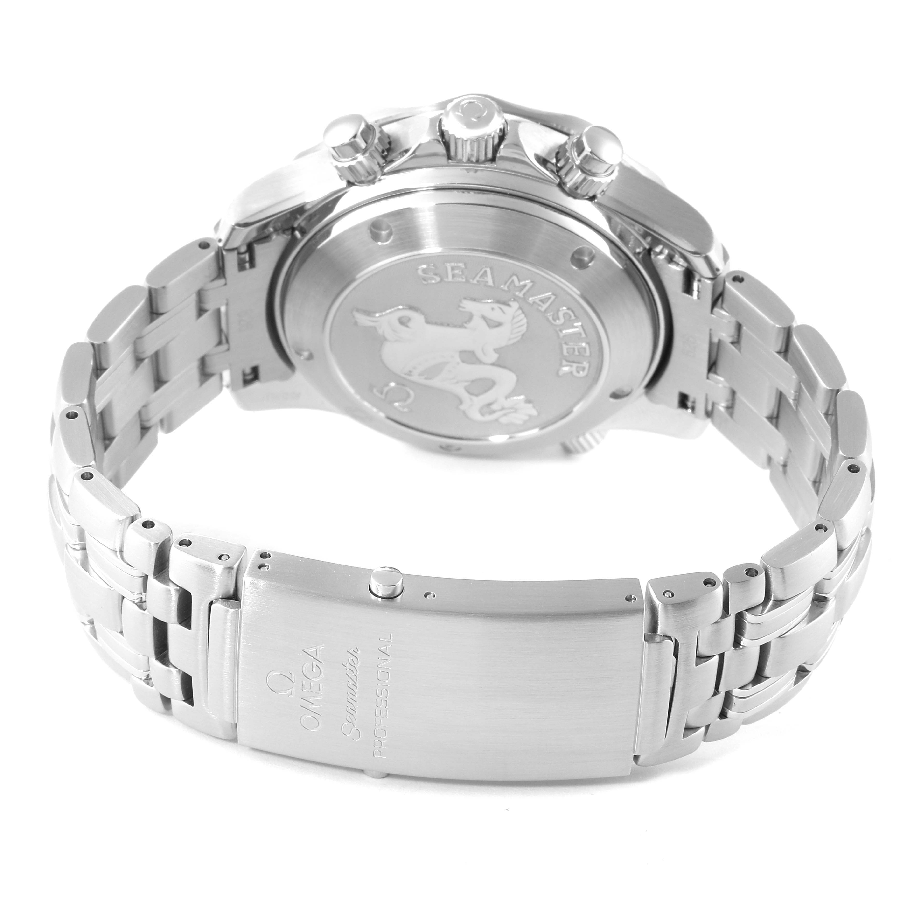 The image shows the back side of an Omega Seamaster 2225.80.00 Men's Stainless Steel Blue Dial 2225.80.00 Men's Stainless Steel Blue Dial model watch, focusing on the clasp, bracelet, and case back.