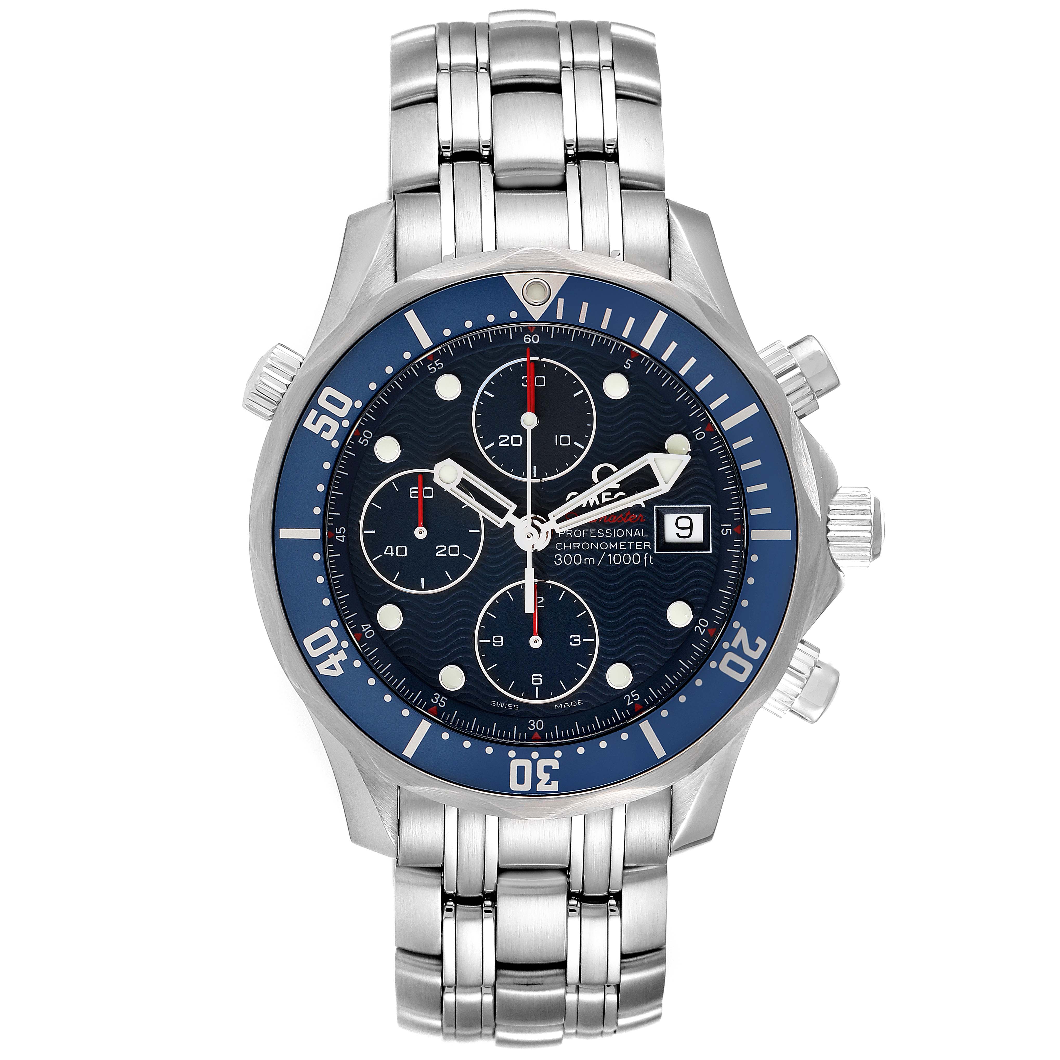 The Omega Seamaster 2225.80.00 Men's Stainless Steel Blue Dial 2225.80.00 Men's Stainless Steel Blue Dial watch is shown from a top view displaying its face, bezel, and metal bracelet.