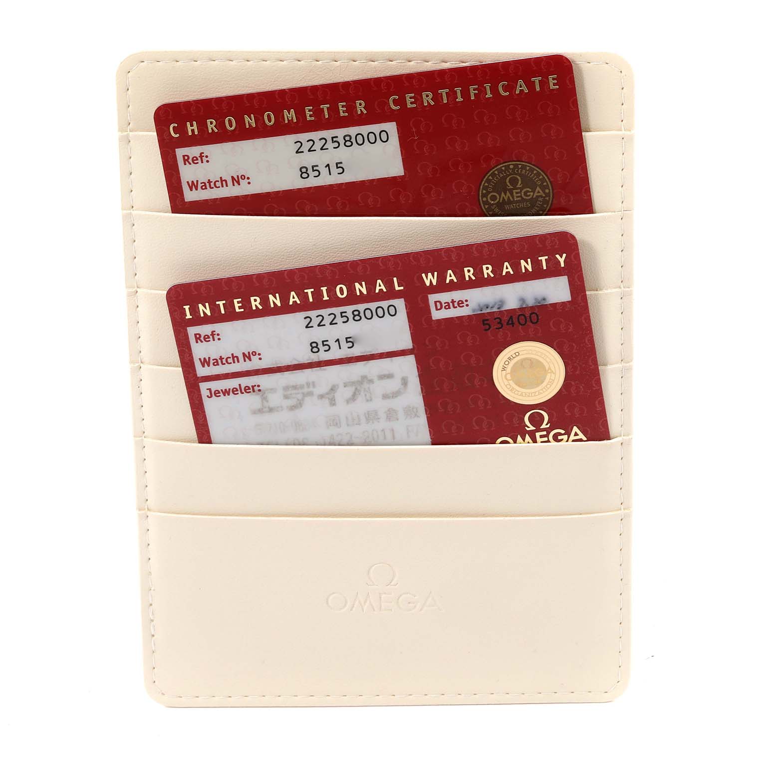 The image shows the Chronometer Certificate and International Warranty cards for the Omega Seamaster 2225.80.00 Men's Stainless Steel Blue Dial 2225.80.00 Men's Stainless Steel Blue Dial, kept in a white cardholder.