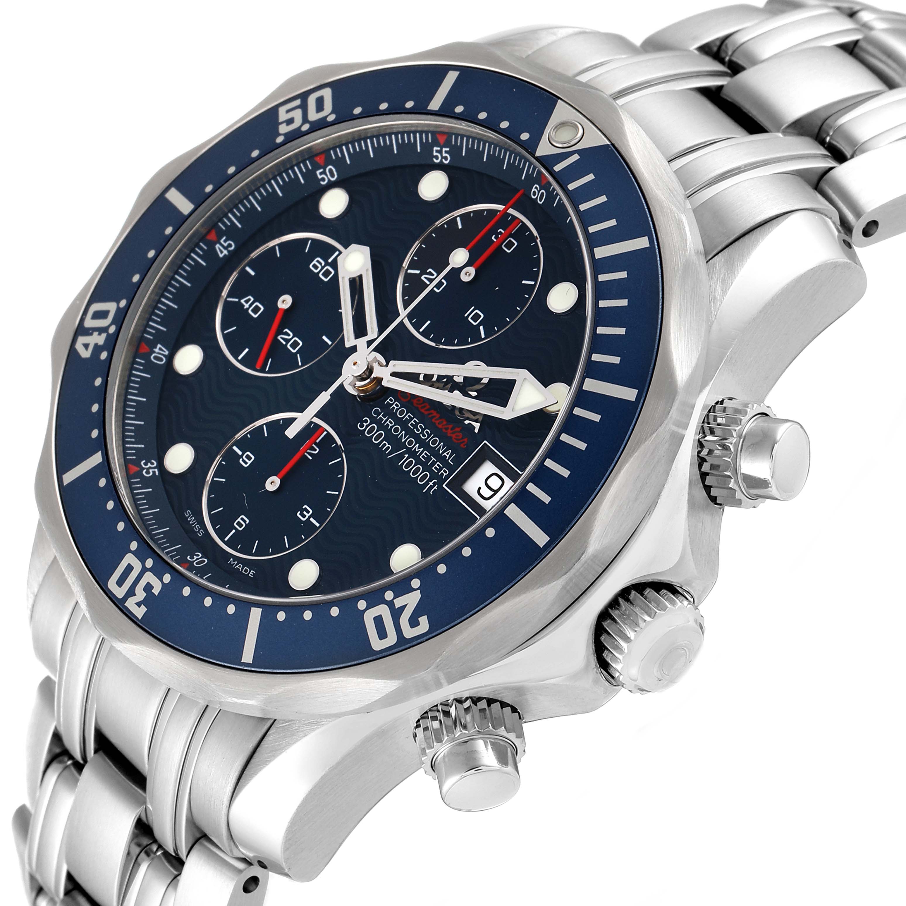 The image shows an angled close-up of the Omega Seamaster 2225.80.00 Men's Stainless Steel Blue Dial 2225.80.00 Men's Stainless Steel Blue Dial watch, highlighting the bezel, dial, and bracelet.