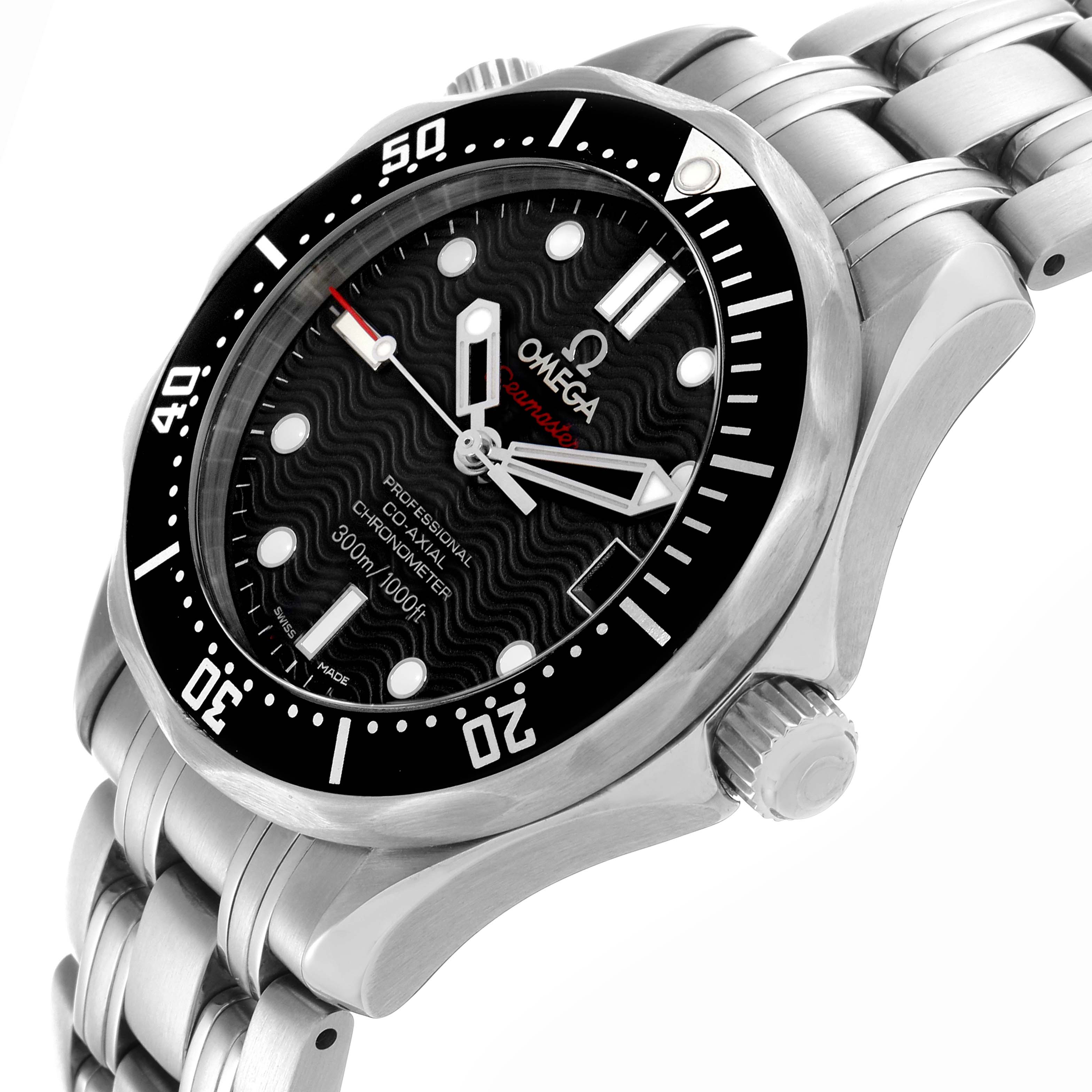 The Omega Seamaster 212.30.36.20.01.001 Men
s Stainless Steel Black Dial 212.30.36.20.01.001 Men
s Stainless Steel Black Dial is shown at an angle highlighting the dial, bezel, crown, and part of the bracelet.
