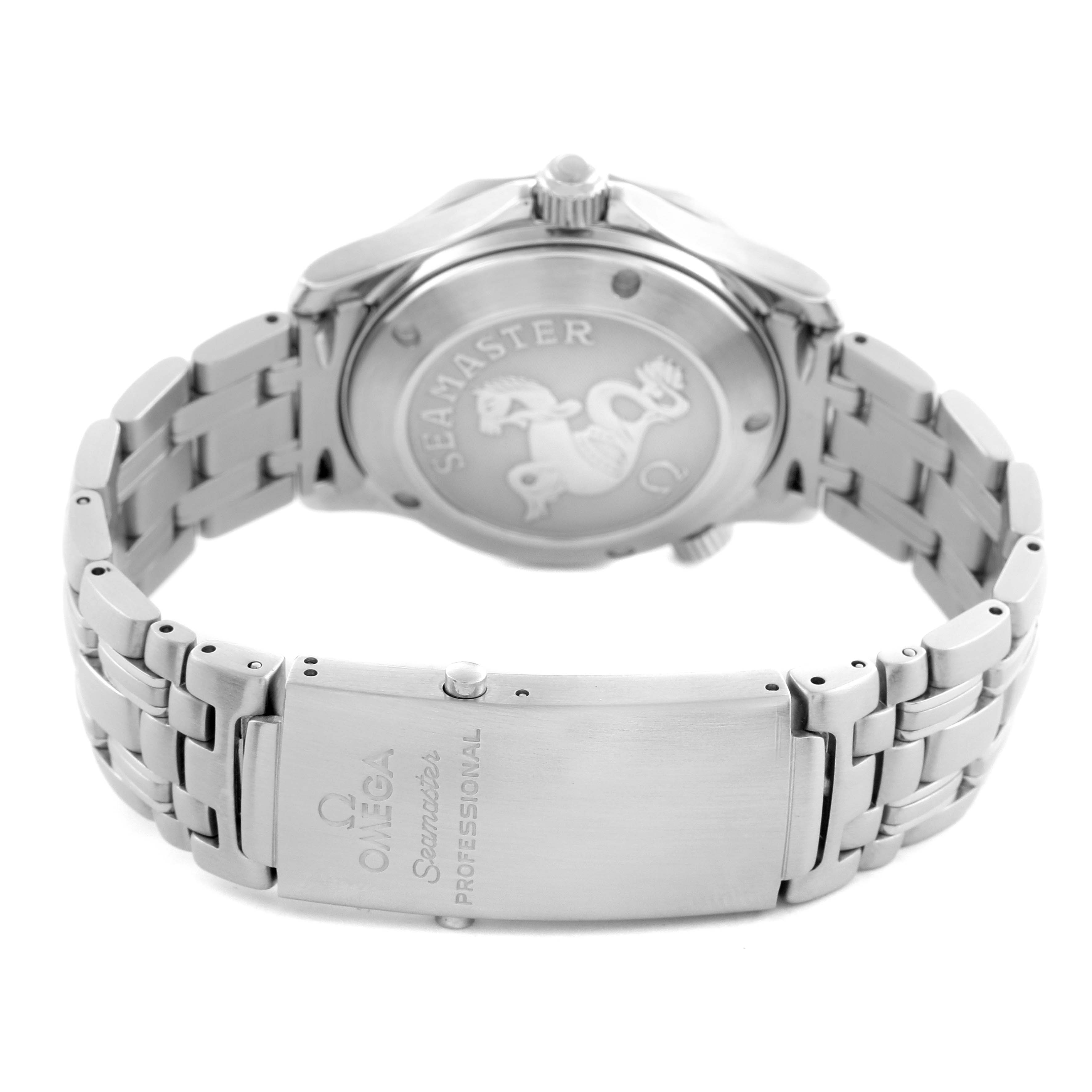 The image shows the back and bracelet of an Omega Seamaster 212.30.36.20.01.001 Men
s Stainless Steel Black Dial 212.30.36.20.01.001 Men
s Stainless Steel Black Dial watch, featuring the clasp and engraved case back.