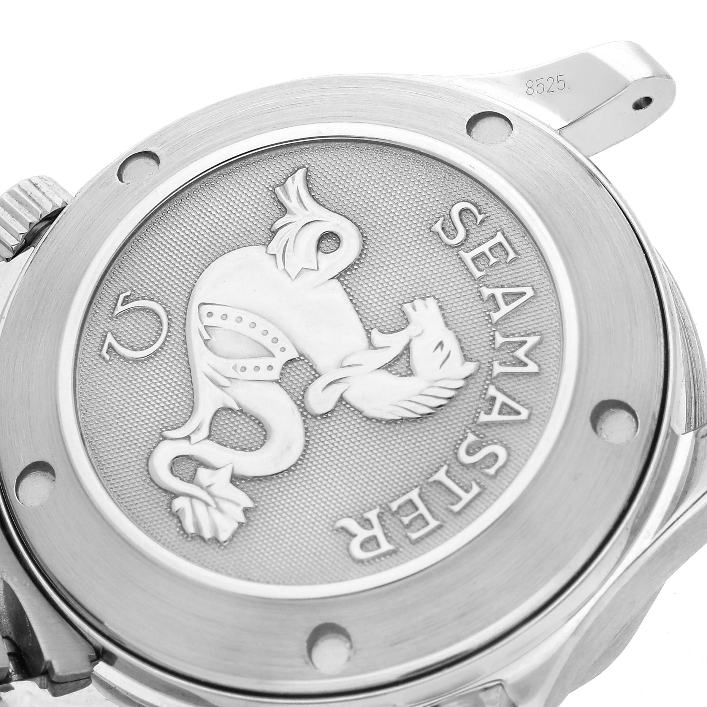 The image shows the back case of an Omega Seamaster 212.30.36.20.01.001 Men
s Stainless Steel Black Dial 212.30.36.20.01.001 Men
s Stainless Steel Black Dial watch, featuring its emblem and branding.