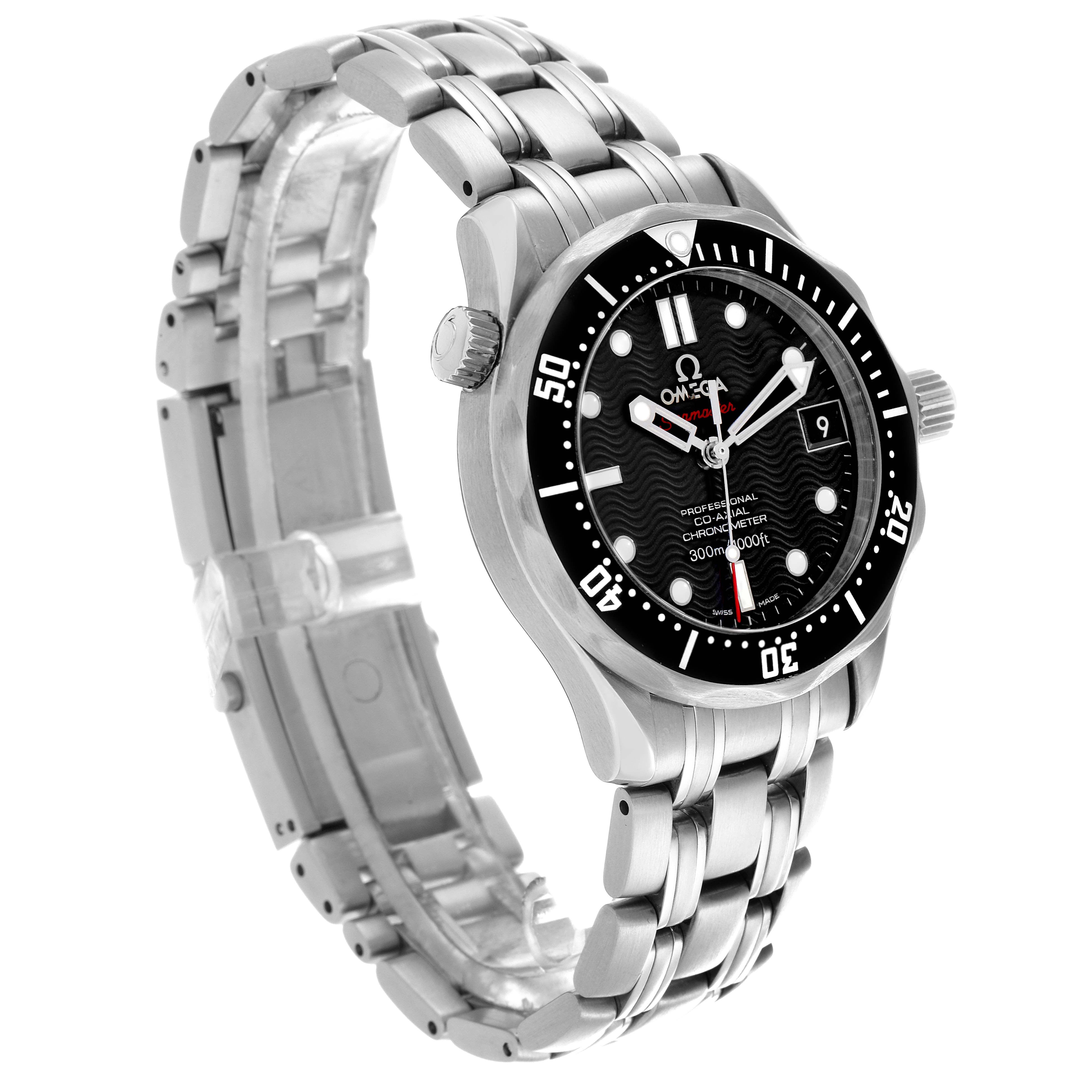 The Omega Seamaster 212.30.36.20.01.001 Men
s Stainless Steel Black Dial 212.30.36.20.01.001 Men
s Stainless Steel Black Dial watch is shown at a three-quarter angle displaying the bezel, dial, and stainless steel bracelet.