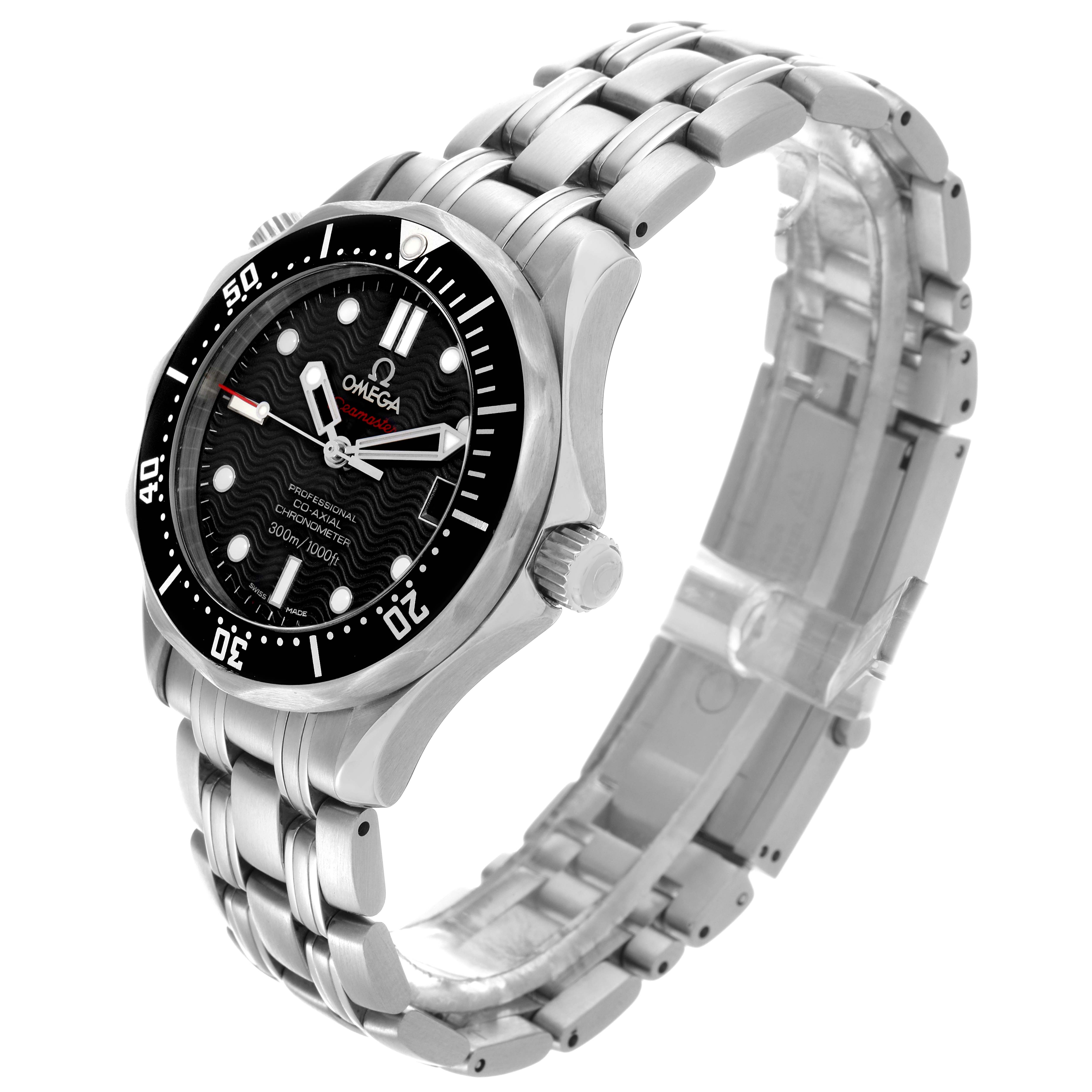 The Omega Seamaster 212.30.36.20.01.001 Men
s Stainless Steel Black Dial 212.30.36.20.01.001 Men
s Stainless Steel Black Dial watch is shown at a three-quarter angle, displaying the face, bezel, crown, and bracelet clearly.